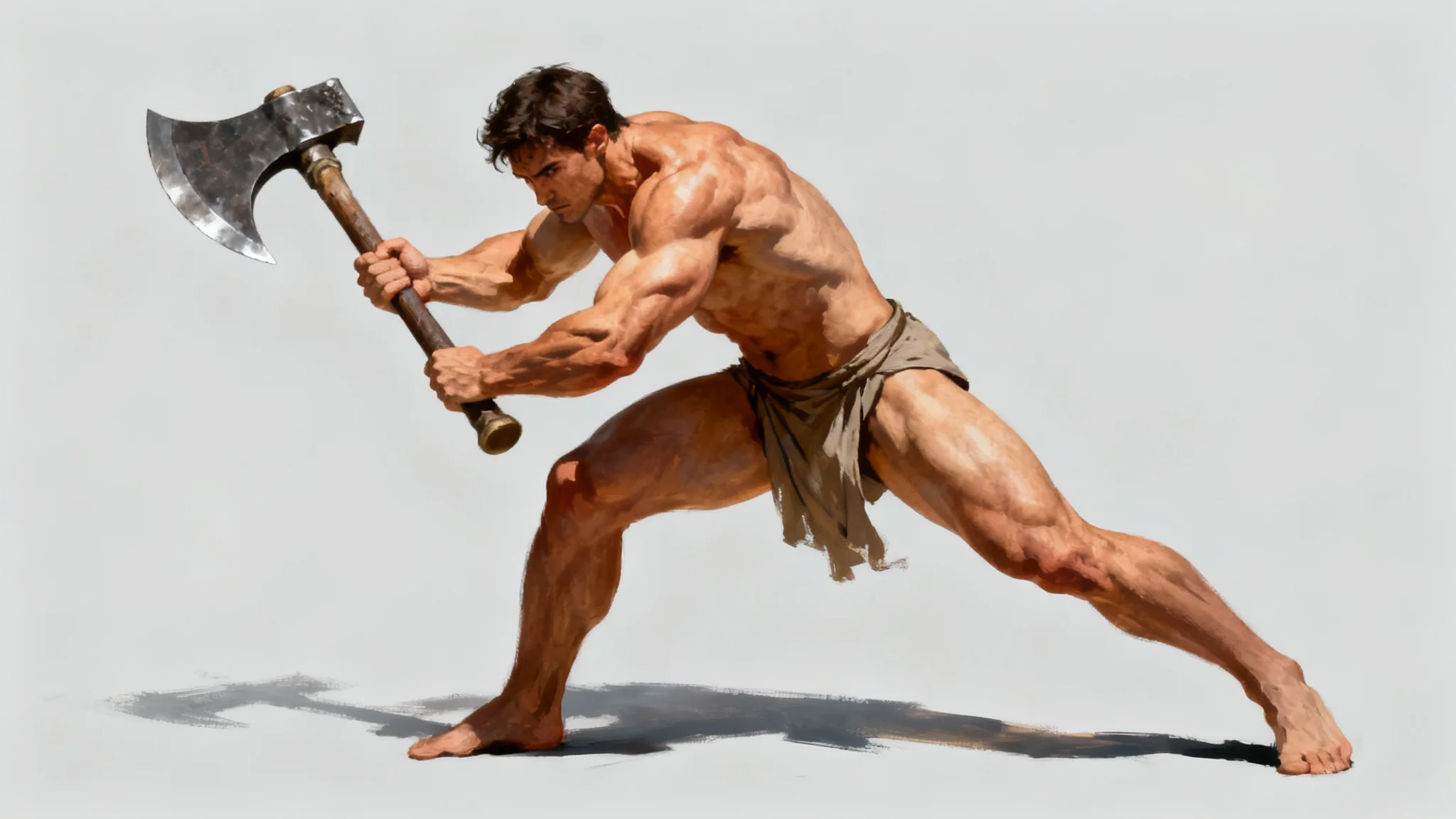 A hyper-realistic digital illustration of a muscular figure in a dynamic action pose, swinging a large battle axe, intended as an anatomical reference for artists, set against a plain grey background.