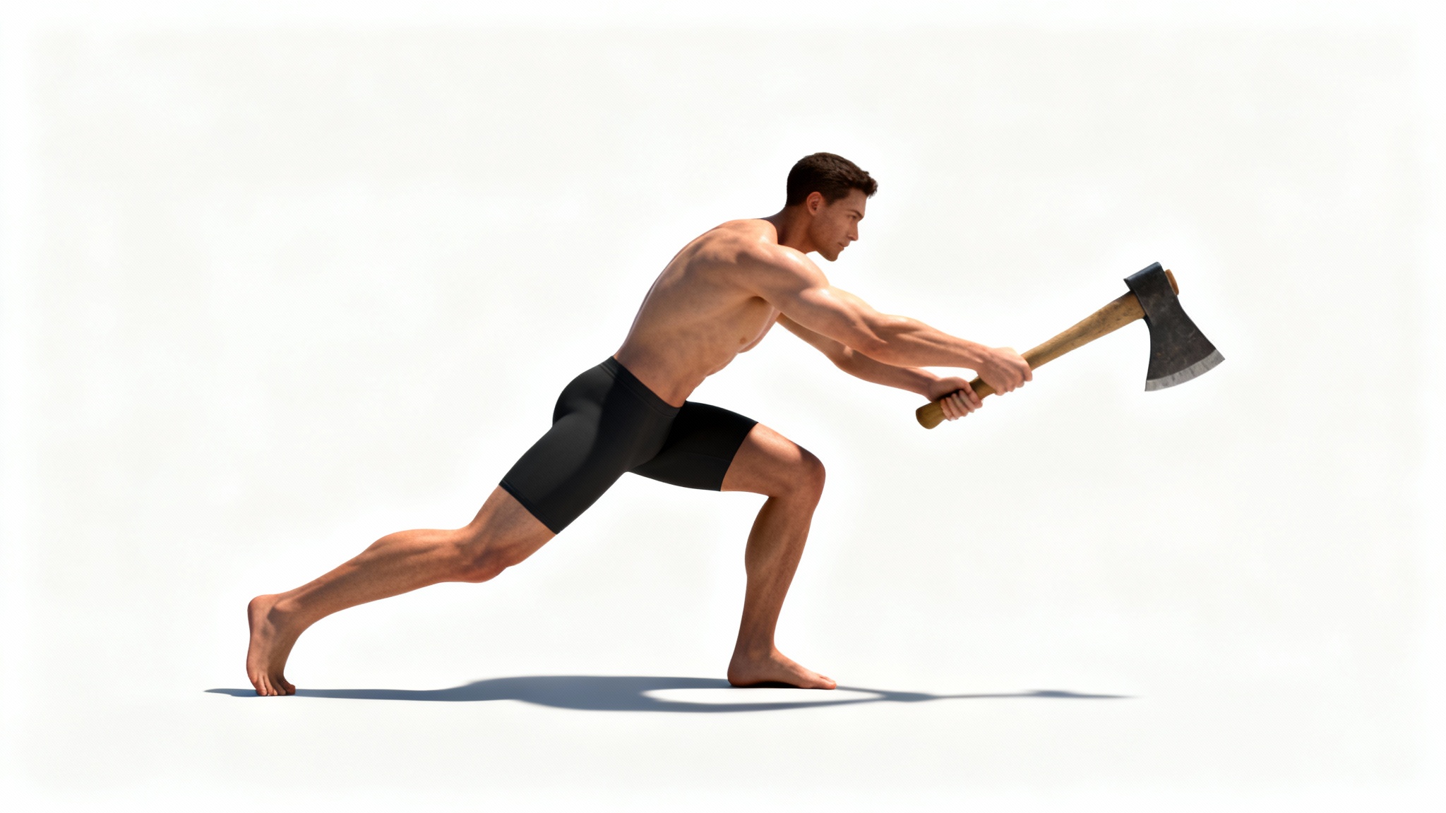 A 3D digital rendering of an athletic figure in a powerful action pose, swinging a large axe against a stark white background, designed as an artistic reference.