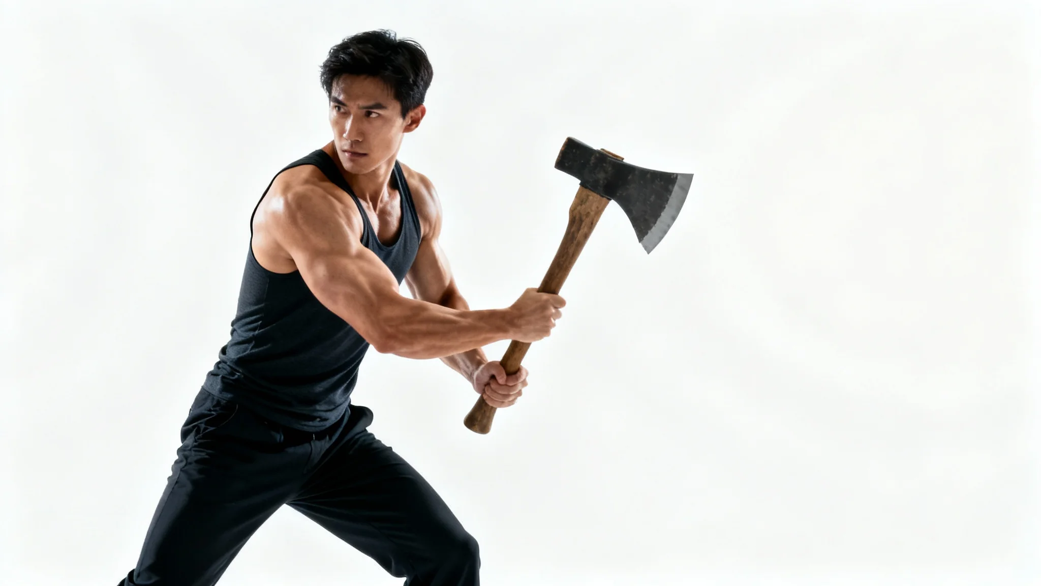 A realistic, high-detail photograph showing a full-body view of a muscular person in a dynamic action pose, holding a large axe on a solid white background, suitable for use as an artist's reference.