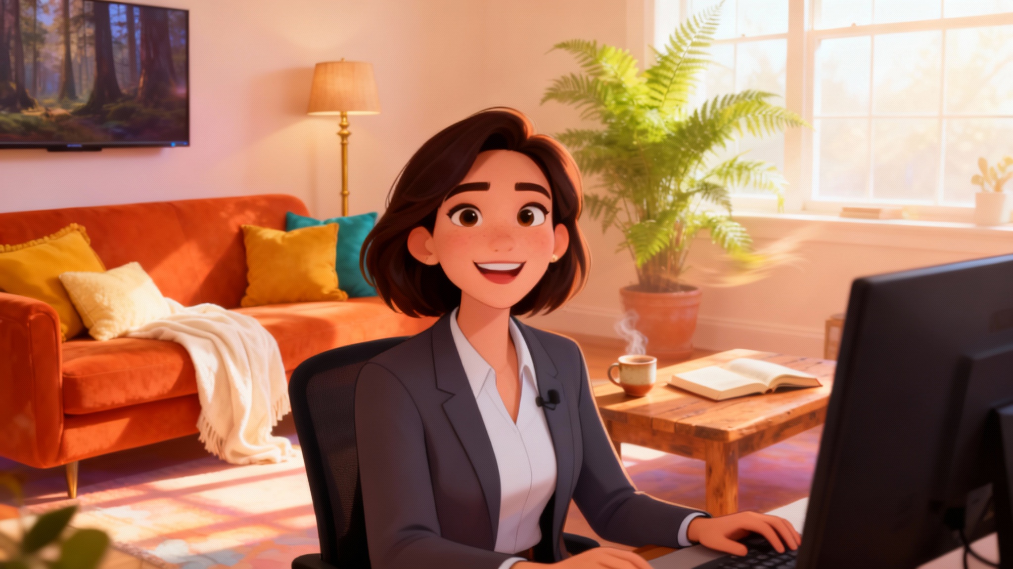 A professional woman on a video call using an animated virtual background of a cozy, sunlit living room.