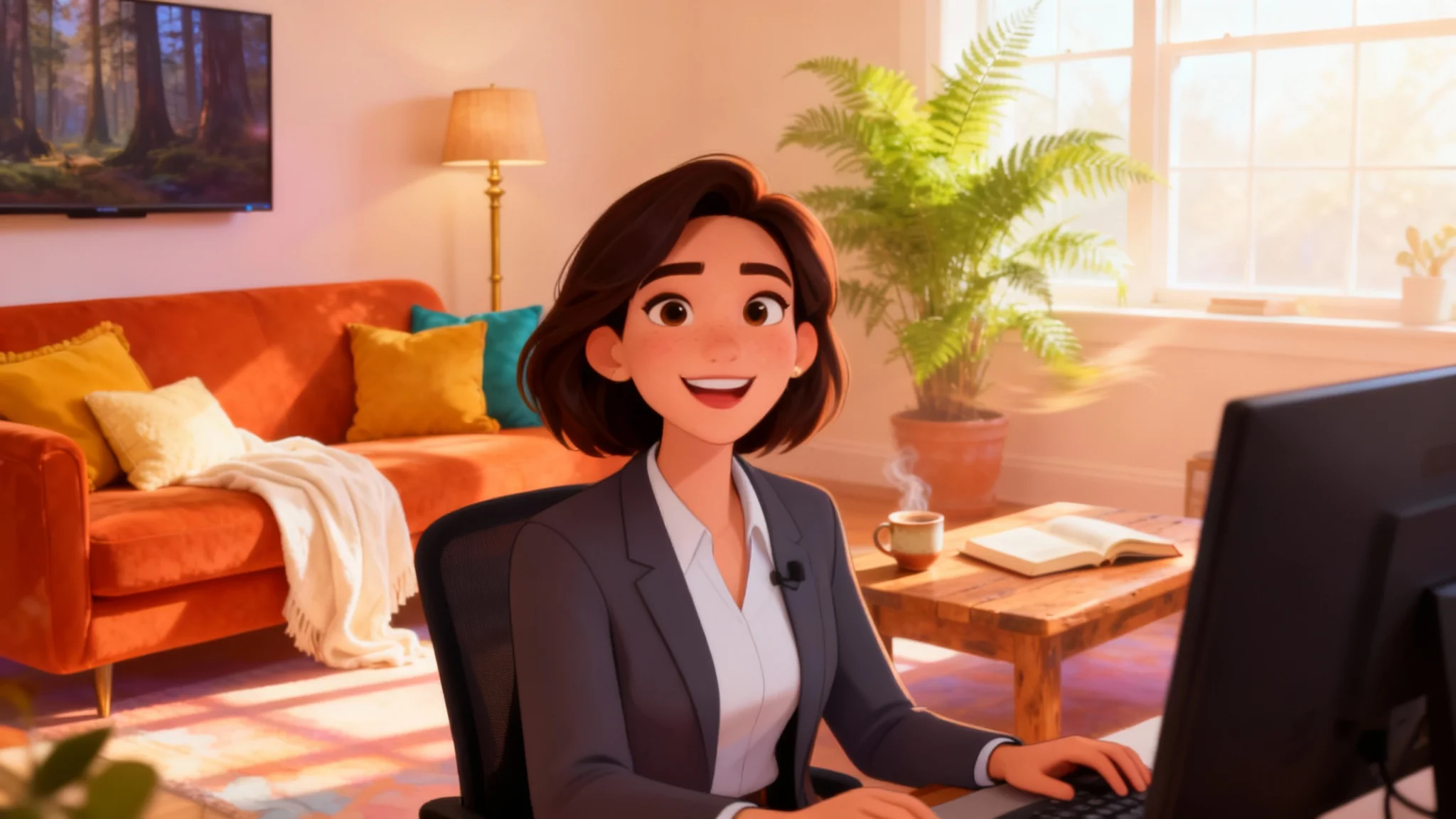 A professional woman on a video call using an animated virtual background of a cozy, sunlit living room.