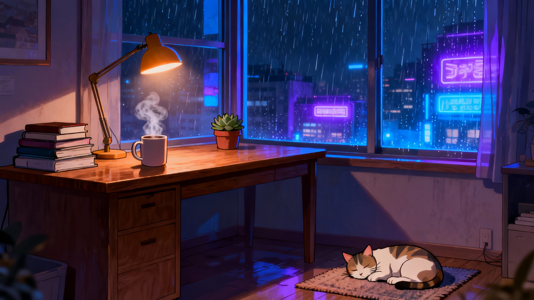 A cozy, animated-style illustration of a room at night, with a desk, a sleeping cat, and a window view of a rainy city with neon lights.