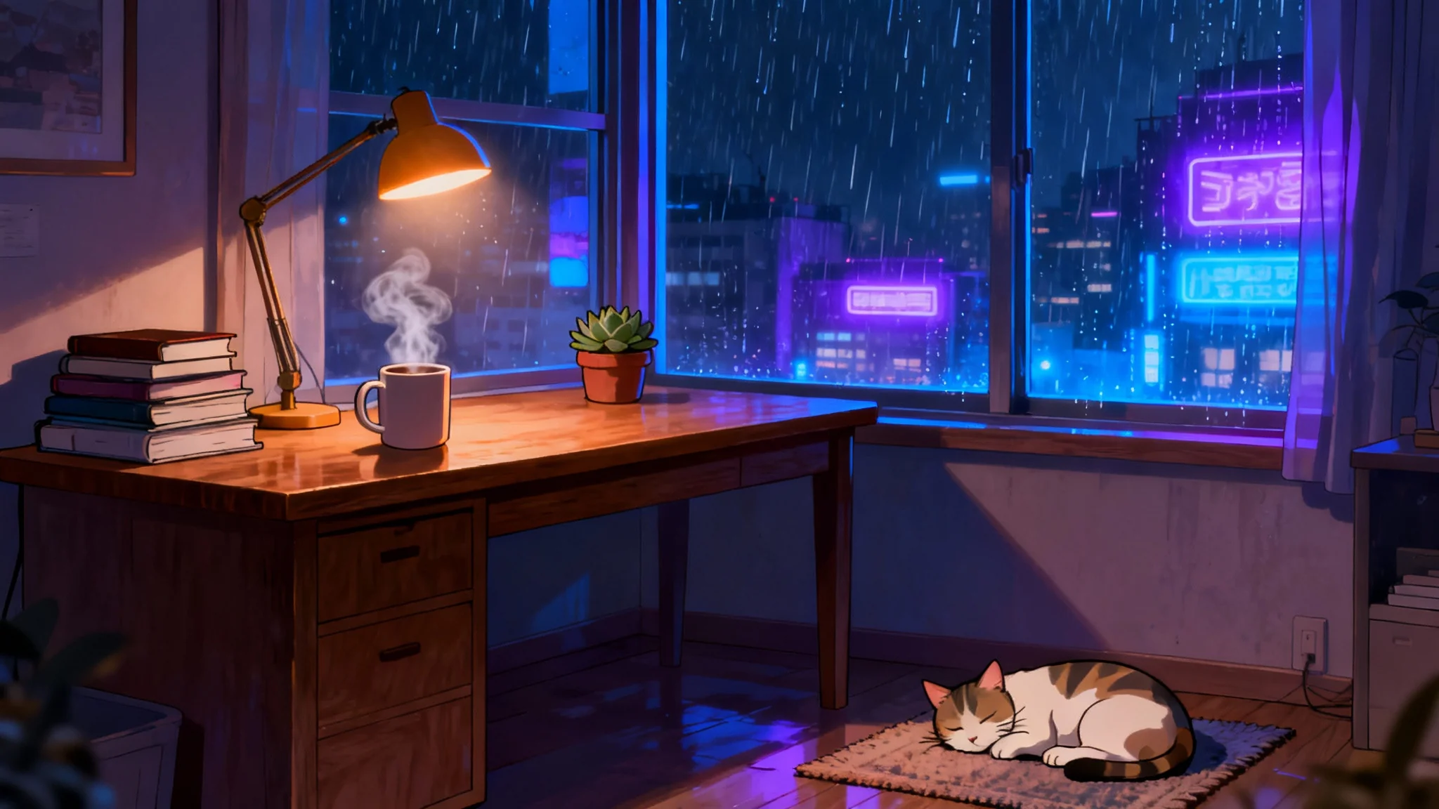 A cozy, animated-style illustration of a room at night, with a desk, a sleeping cat, and a window view of a rainy city with neon lights.
