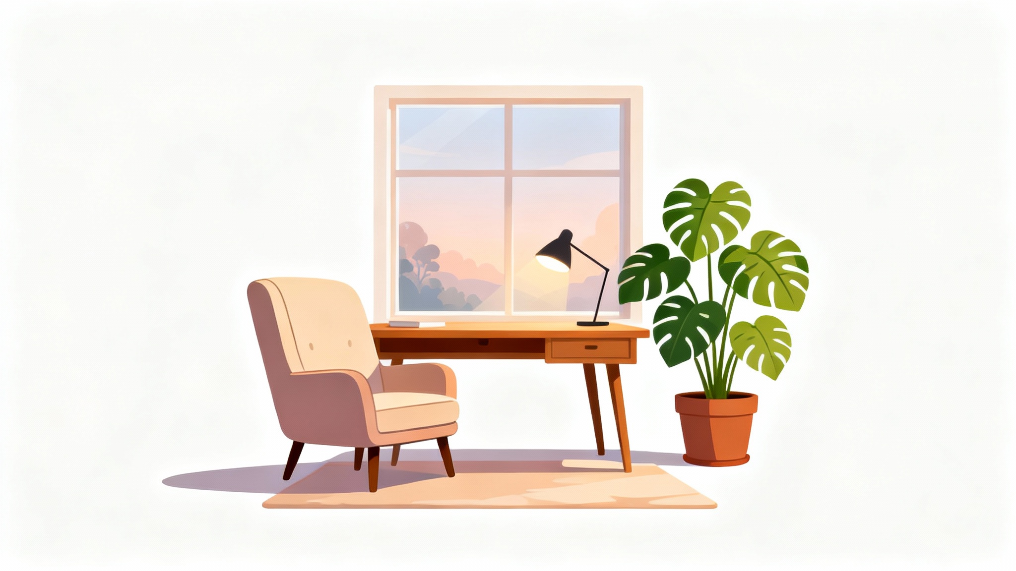 A colorful 2D animated illustration of a cozy and stylish room, designed to be used as a virtual background, presented on a white background.
