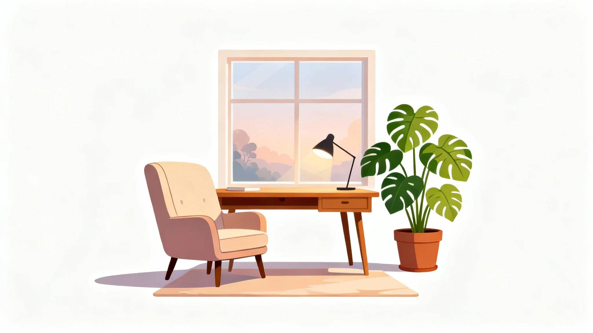 A colorful 2D animated illustration of a cozy and stylish room, designed to be used as a virtual background, presented on a white background.