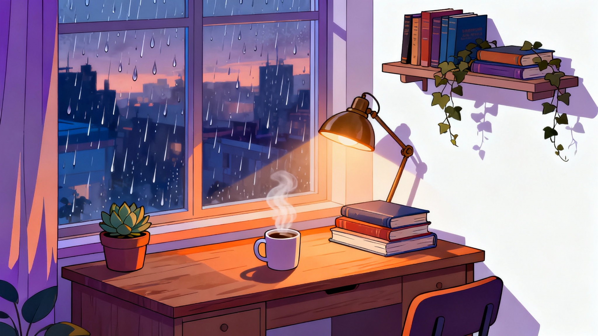 A cozy, anime-style room interior used as an animated background, featuring a desk by a rainy window, a steaming mug, and house plants, against a white background.