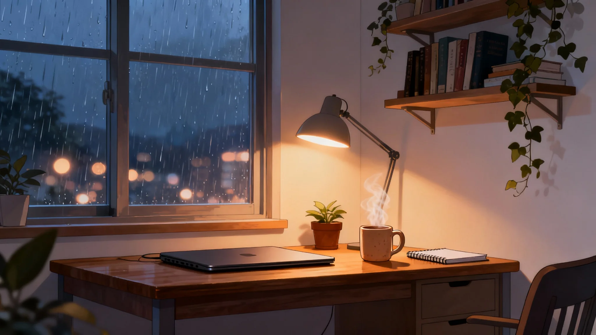 An animated background of a cozy room in an anime style, featuring a desk, a window with a rainy view, and warm lighting, presented on a white background.