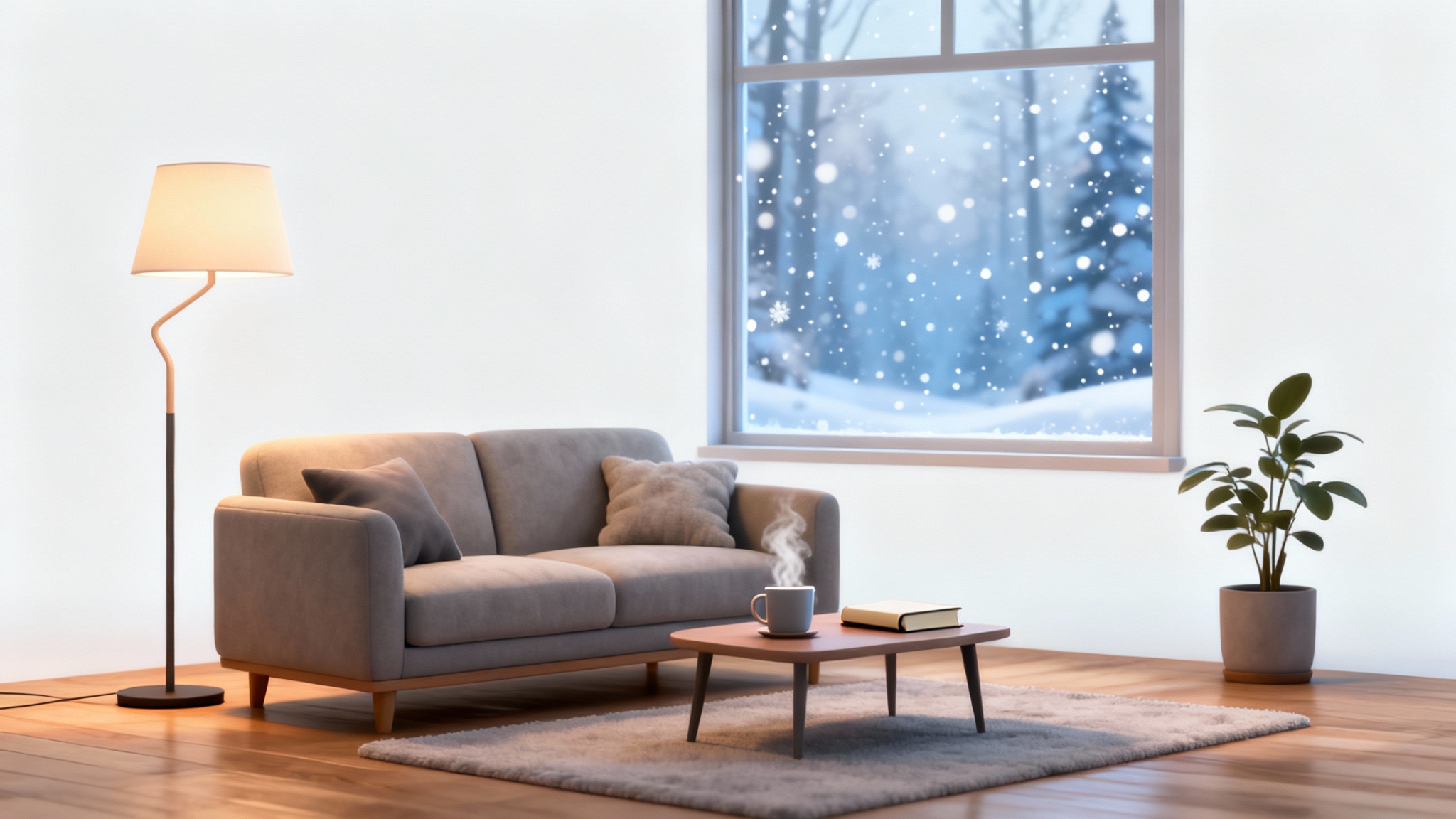 A 3D animated background of a cozy modern living room with a sofa, a window showing falling snow, and warm ambient lighting, creating a peaceful atmosphere.