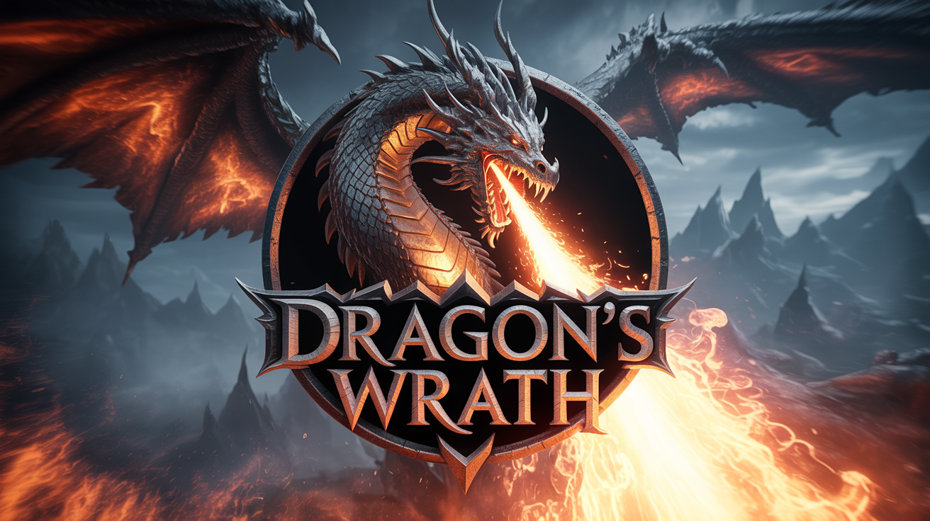 A professionally designed, cinematic logo for a fantasy game called 'Dragon's Wrath'. The logo features the text in a metallic, fiery font combined with an emblem of a dragon, set against a dark, atmospheric background.