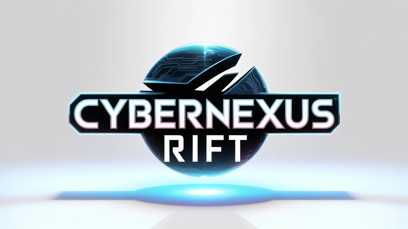 A sci-fi game logo mockup for 'CyberNexus Rift' featuring a metallic, angular font and an emblem of a fractured digital planet, all glowing with blue neon light on a white background.