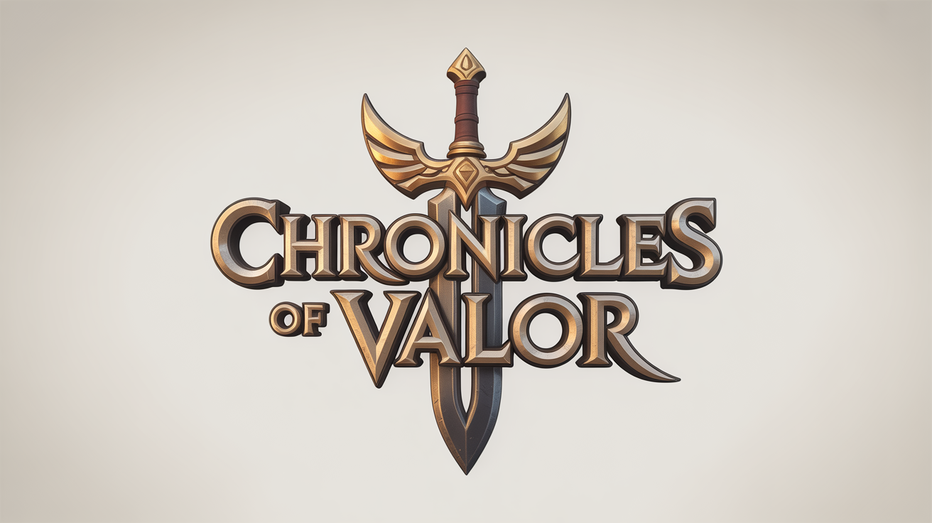 A professional game logo for a fantasy RPG titled 'Chronicles of Valor', featuring bold metallic lettering and a winged sword icon, presented on a clean white background.