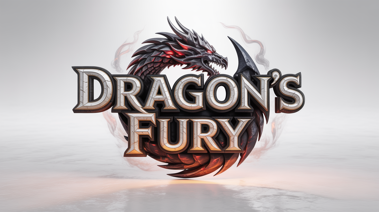 A professional game logo mockup for a fantasy game titled 'Dragon's Fury', featuring metallic 3D text and a detailed dragon emblem on a white background.