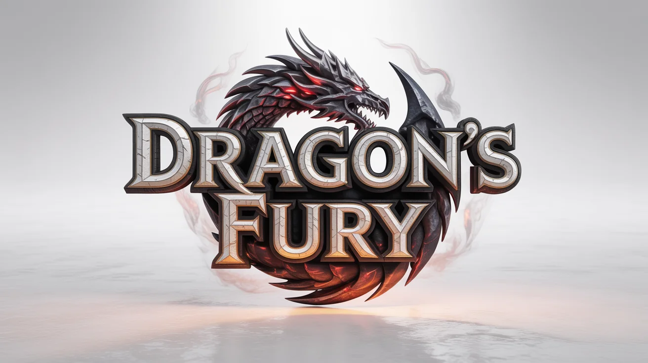 A professional game logo mockup for a fantasy game titled 'Dragon's Fury', featuring metallic 3D text and a detailed dragon emblem on a white background.