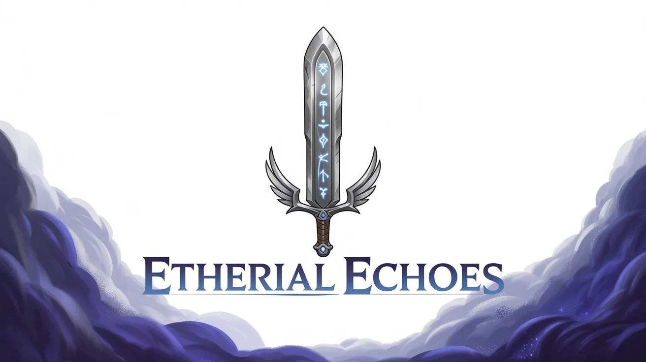A 3D fantasy game logo for 'Etherial Echoes', featuring a metallic winged sword with glowing runes above the title, set against a white background.