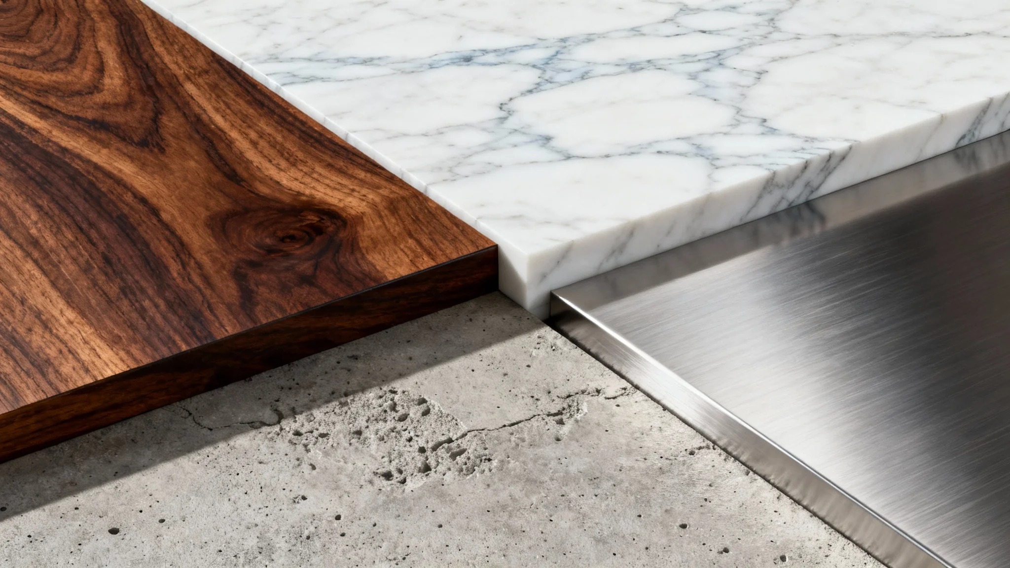 An eye-catching hero image showcasing an abstract arrangement of various hyper-realistic textures, including polished walnut wood, white marble, raw concrete, and brushed steel, demonstrating a collection of high-quality digital textures.