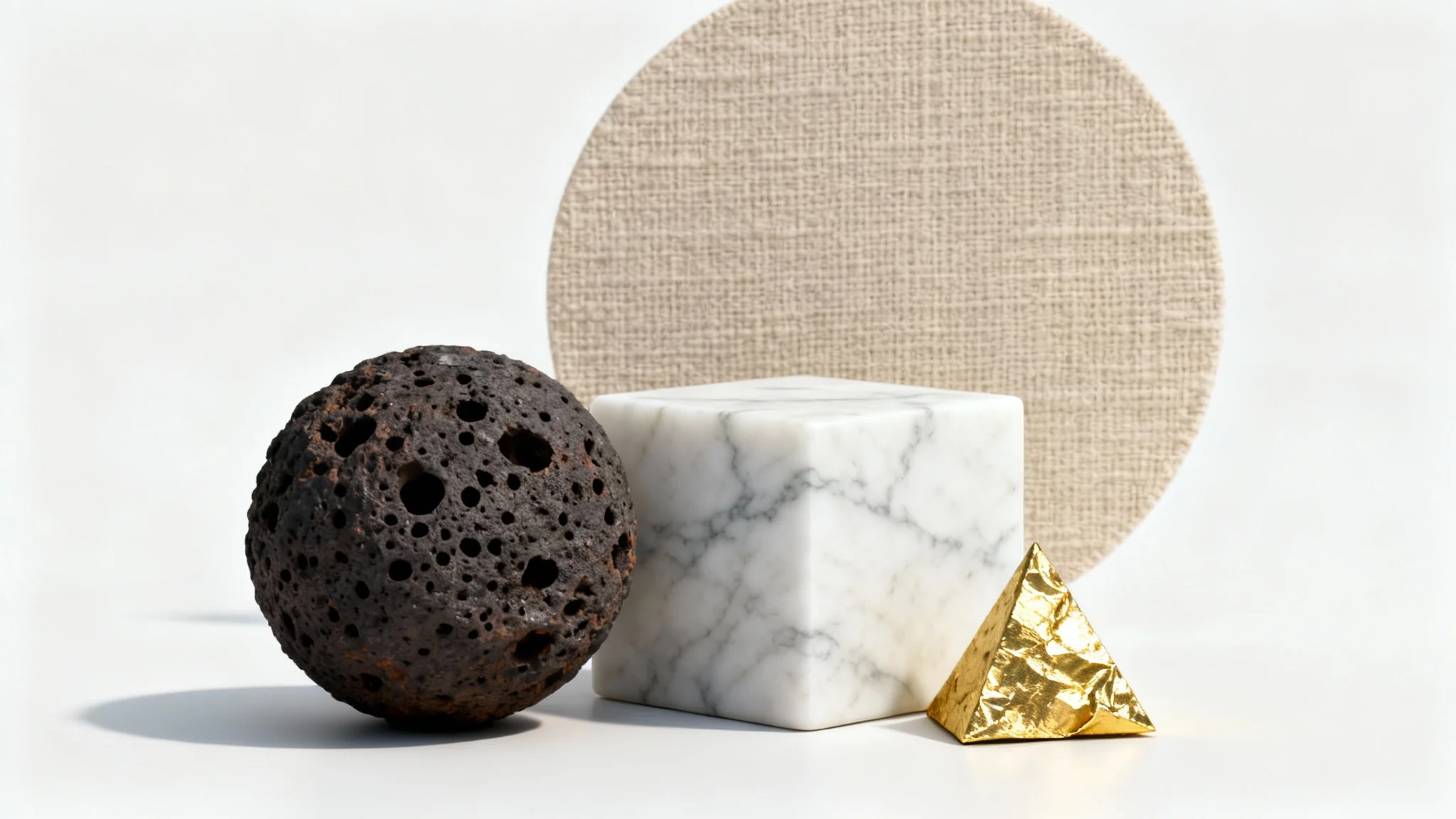 A photorealistic mockup showcasing various textures on geometric shapes, a volcanic rock sphere, a marble cube, and a gold foil pyramid, arranged on a clean white background.