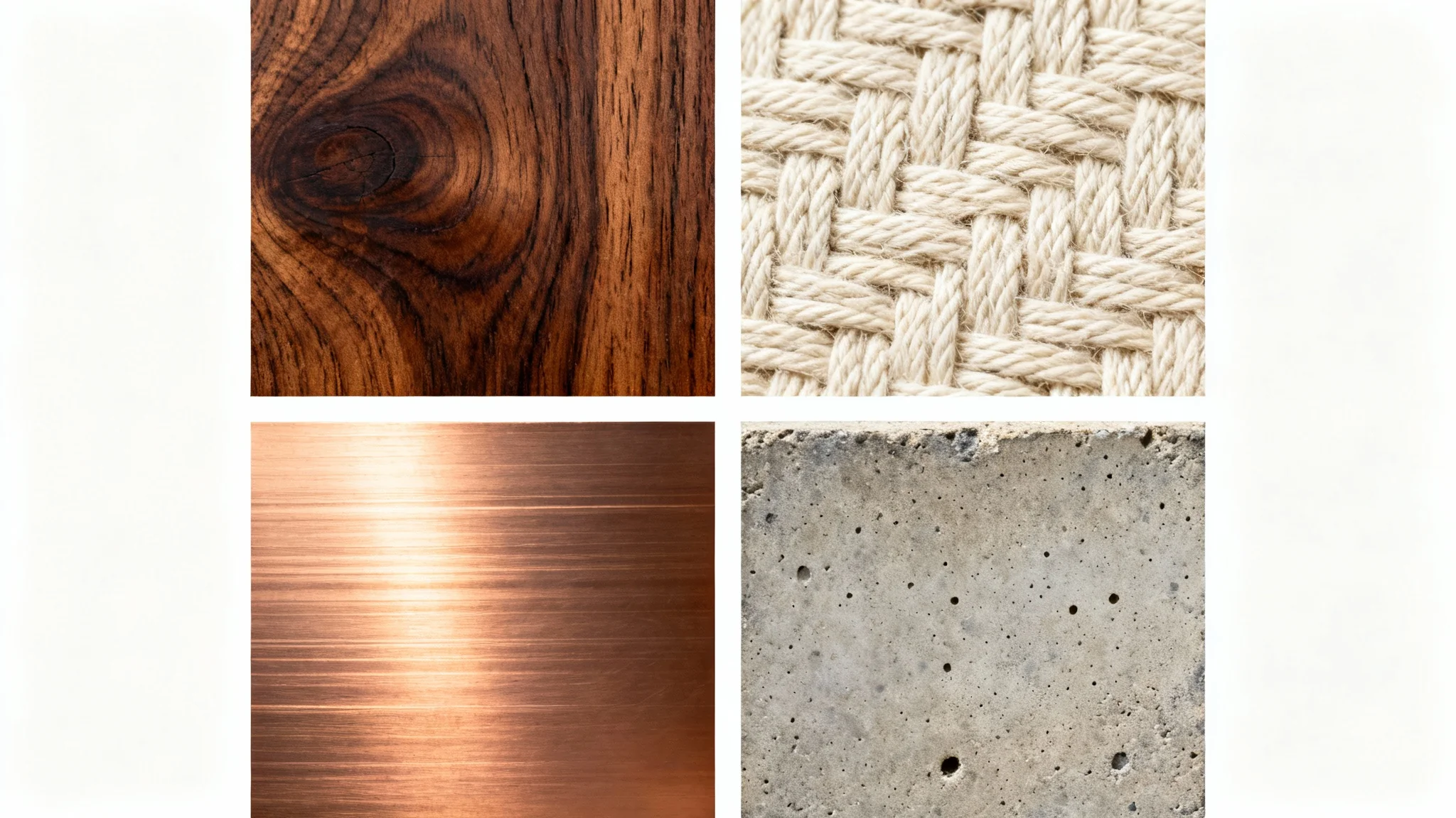 A close-up image divided into four quadrants, each showing a different texture: dark wood grain, cream linen fabric, brushed copper metal, and rough grey concrete.