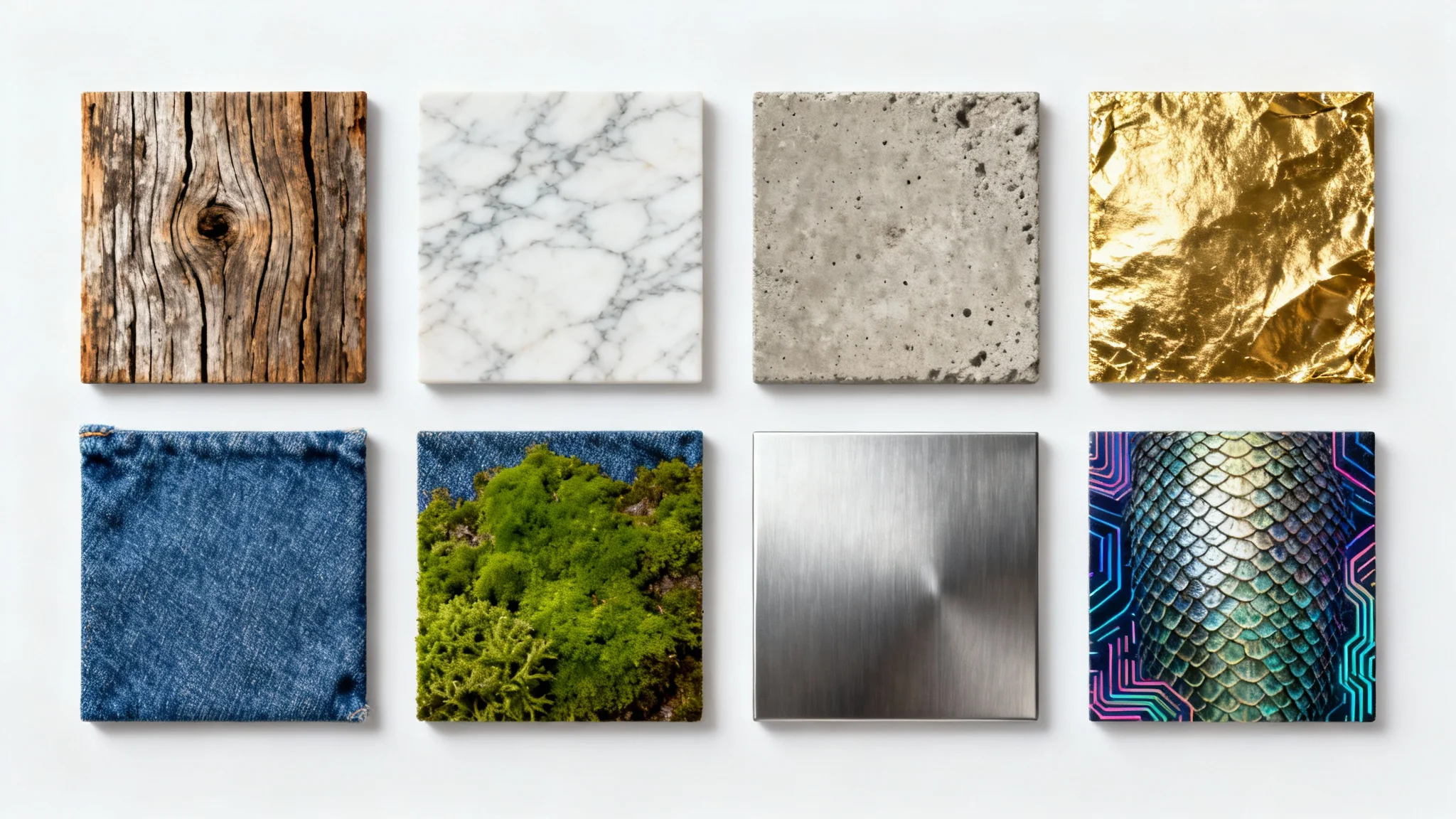 A grid of nine square samples displaying a variety of high-quality textures, including wood, marble, fabric, and metal, on a clean white background.