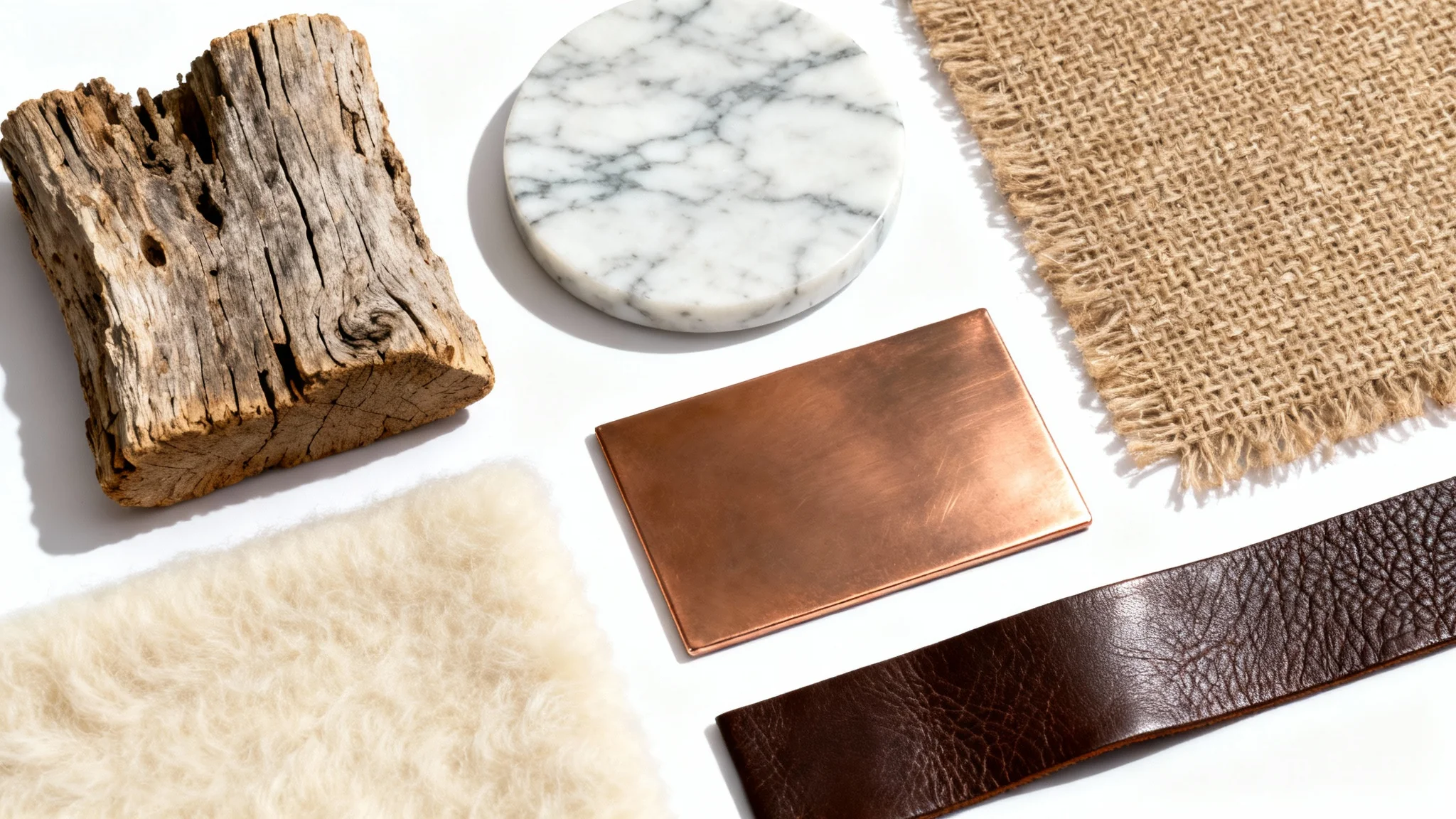 A flat lay of various material swatches showing different textures, including wood, marble, fabric, wool, metal, and leather, on a white background.