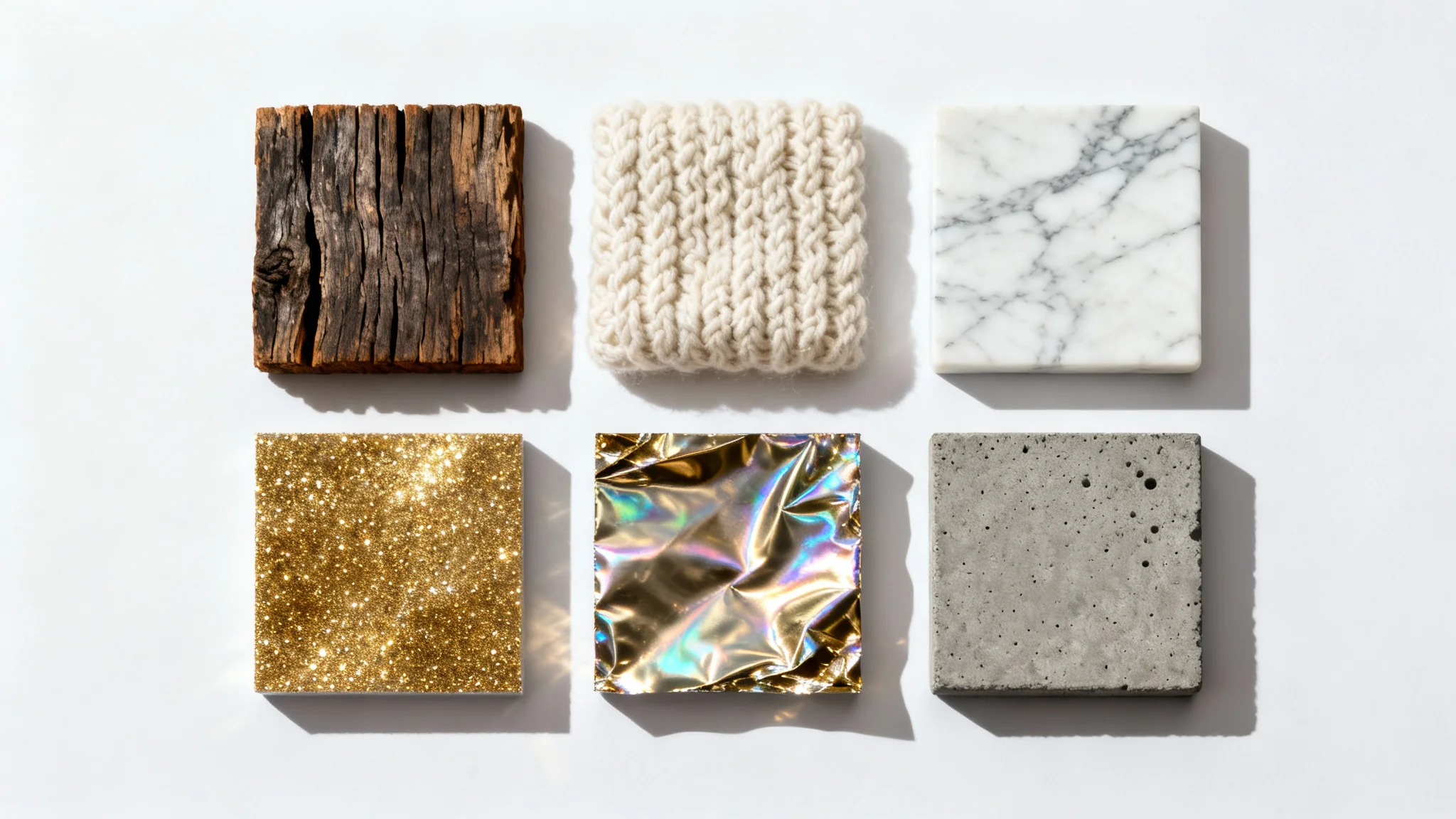 A minimalist flat lay of six square samples showcasing different textures: weathered wood, knitted wool, polished marble, gold glitter, iridescent foil, and matte concrete, all on a crisp white background.