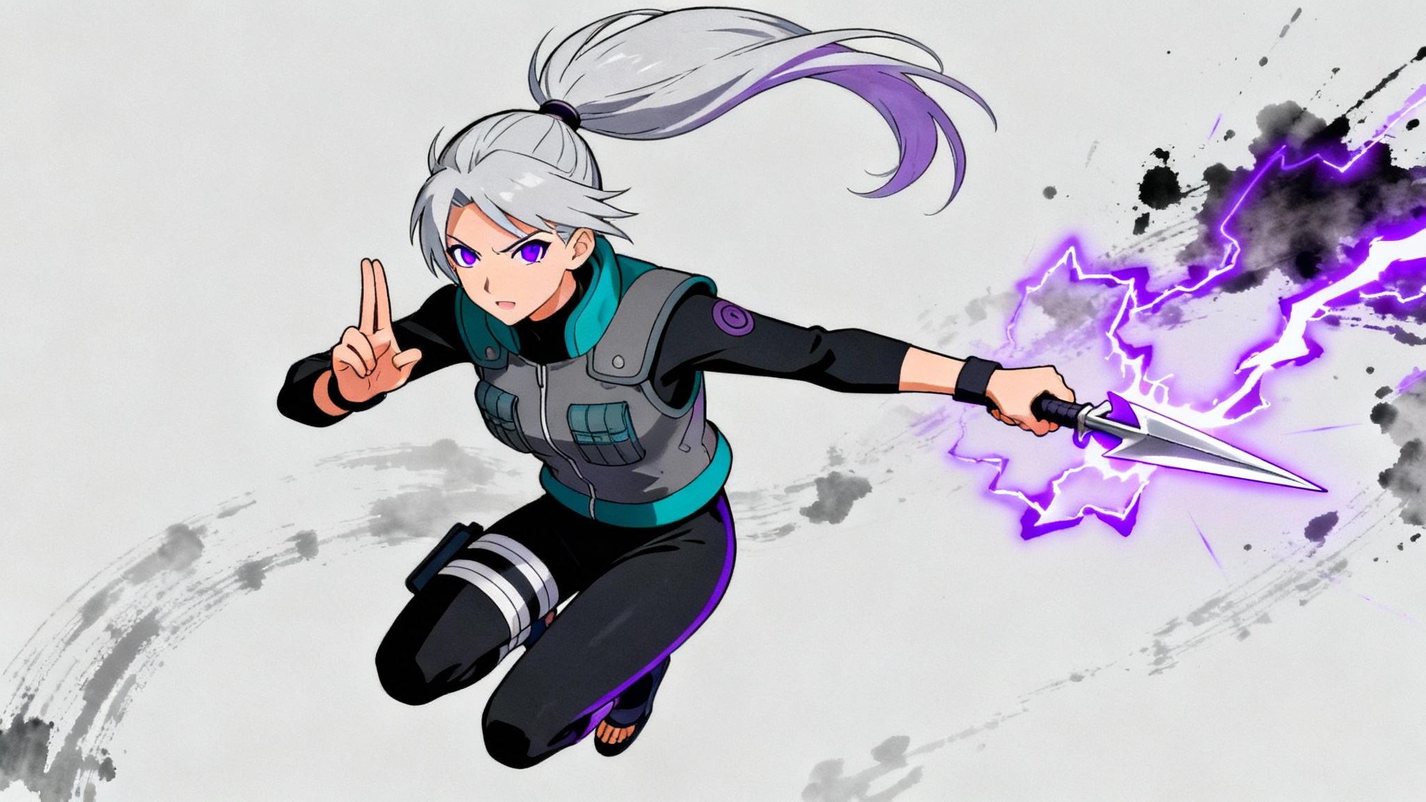 A finished digital illustration of an original female Naruto-style character in a dynamic pose, showcasing her purple lightning jutsu, against a clean background.