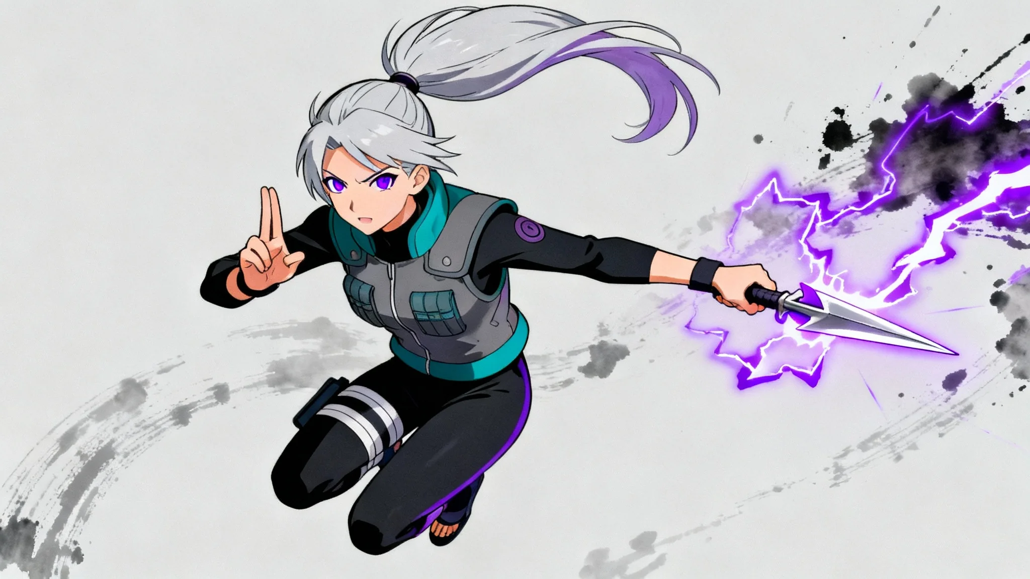 A finished digital illustration of an original female Naruto-style character in a dynamic pose, showcasing her purple lightning jutsu, against a clean background.
