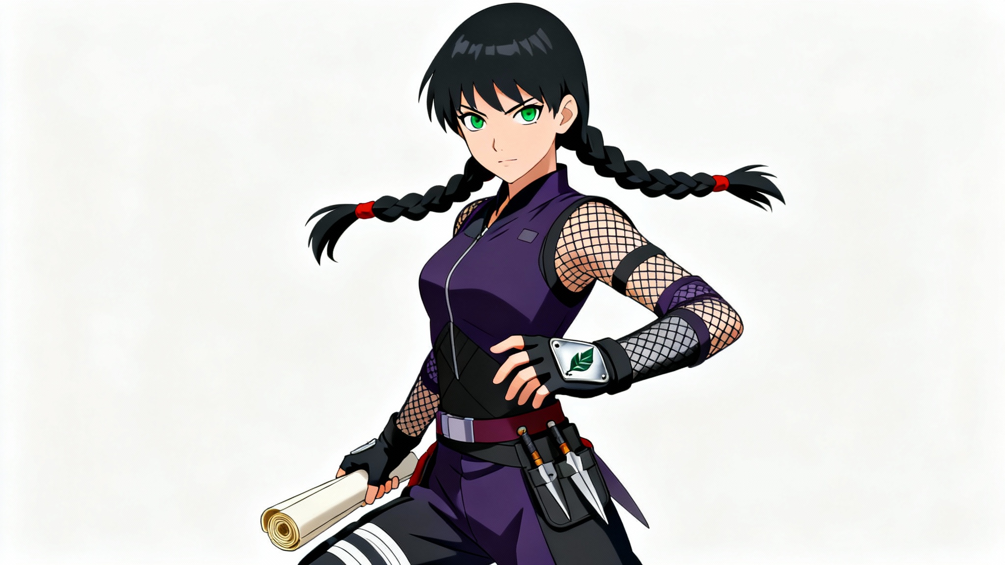 An anime character illustration in the style of Naruto, featuring a female ninja with long black hair and a purple outfit in a fighting stance against a plain white background.
