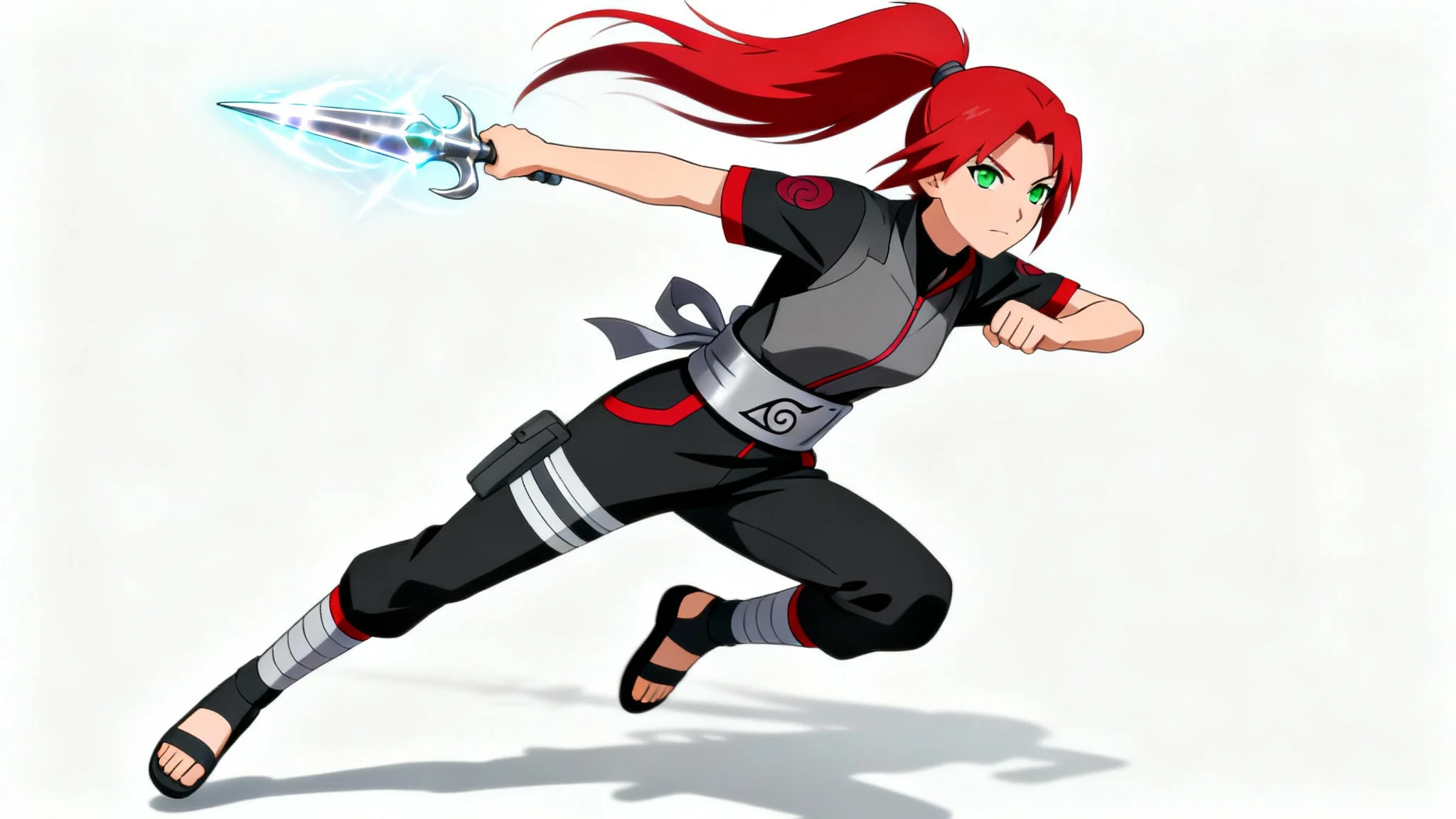 A custom female ninja character in the Naruto anime style, with red hair and a black outfit, leaping forward with a glowing kunai against a plain white background.