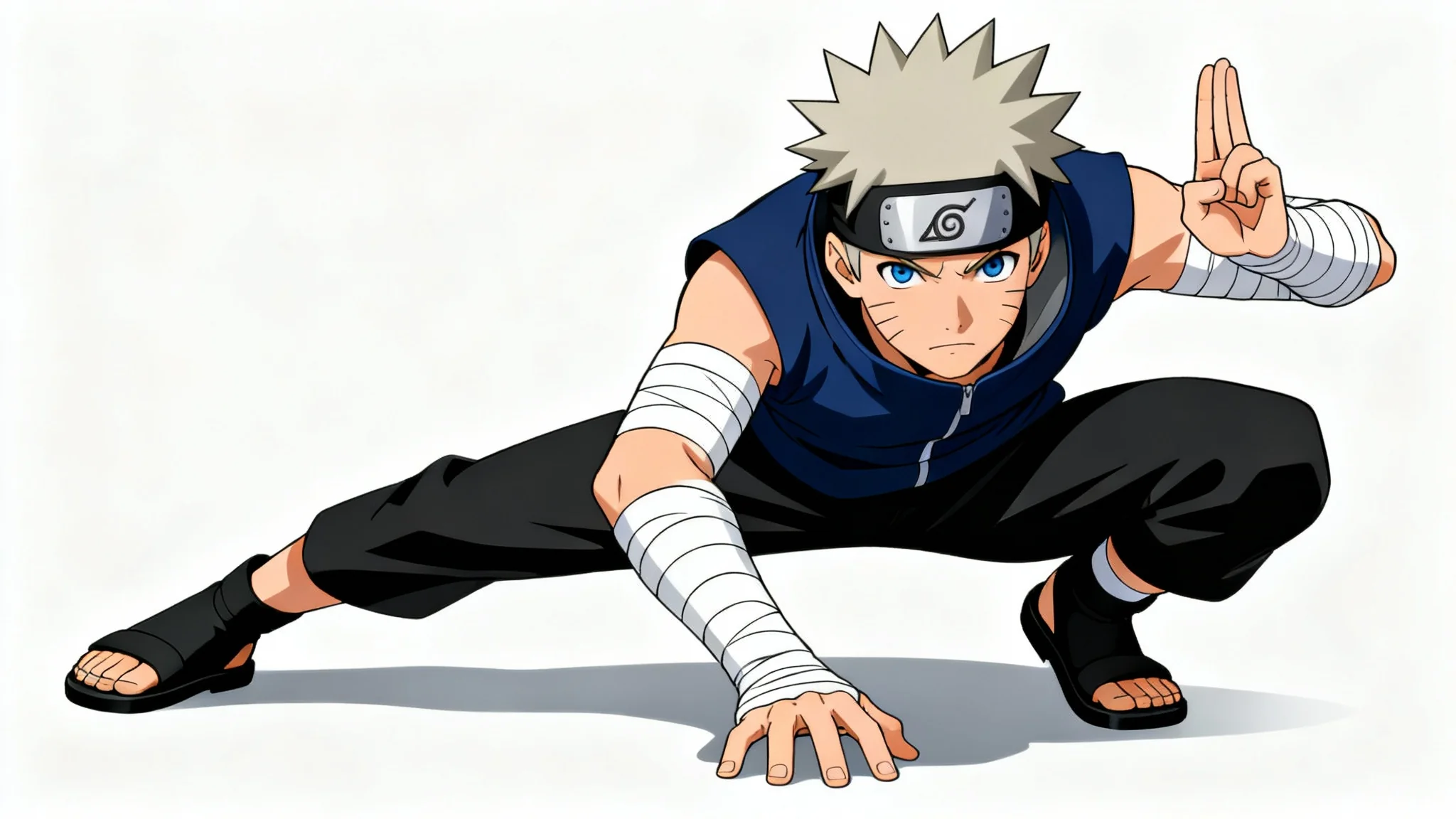 A digital illustration of a custom Naruto-style shinobi character with ash-blonde hair, crouching in an action pose against a solid white background.