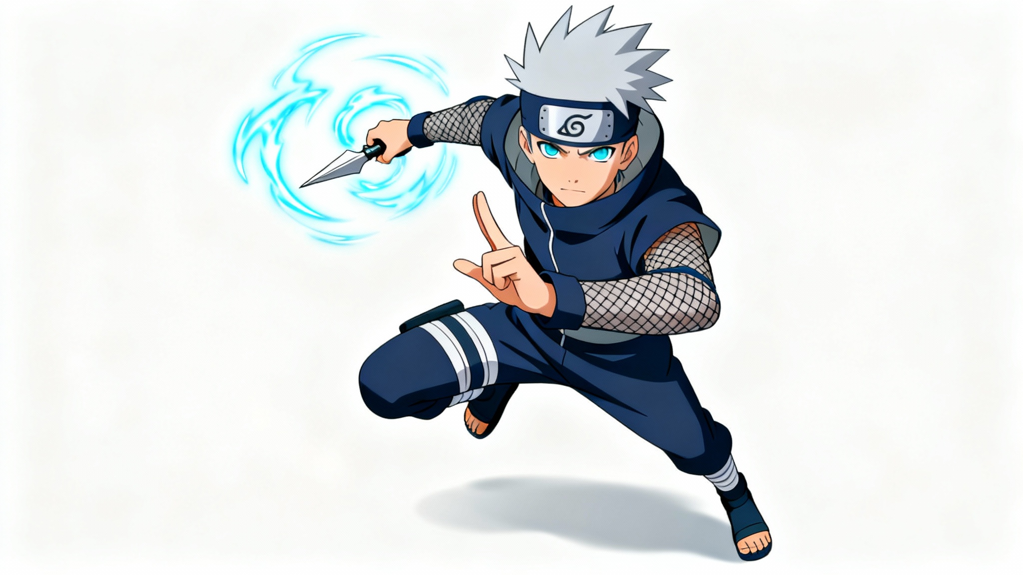 An original anime character designed in the Naruto art style, depicted mid-action with silver hair and glowing blue chakra energy, set against a plain white background.