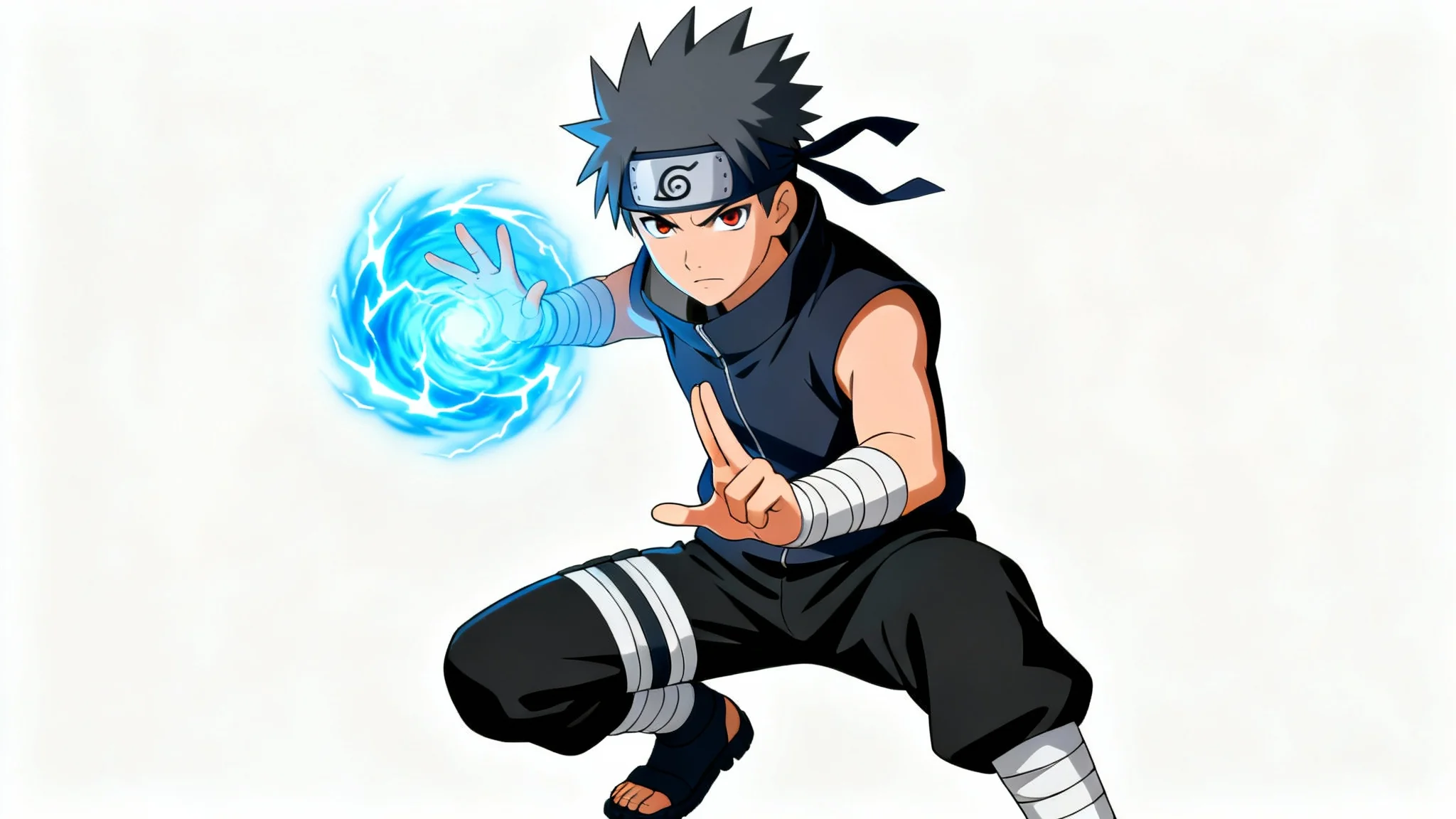 A full-body illustration of an original Naruto-style character in a dynamic pose against a white background, gathering blue chakra energy in his hand.