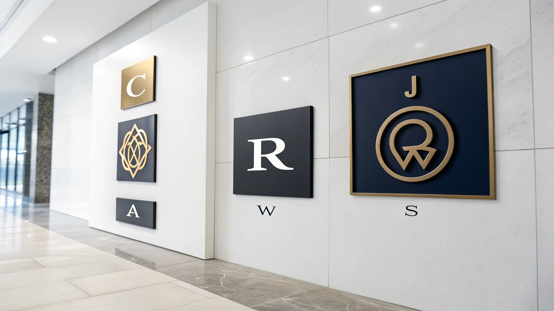 A collection of four professionally designed monogram logos, a gold 'CJ', a black 'R', a navy 'AW', and a silver 'S', arranged on a clean white background, showcasing modern branding concepts.