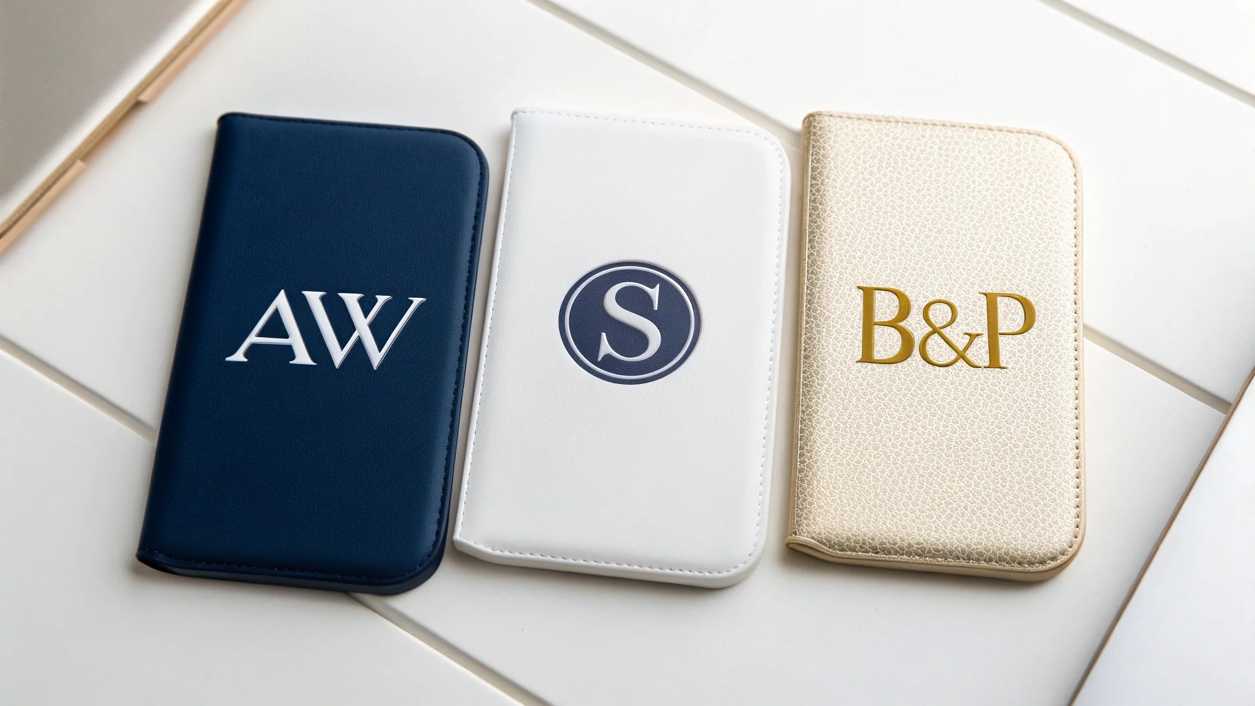A collection of three distinct lettermark logos on a white background, showcasing different styles: a modern blue 'AW' monogram, an elegant gold foil 'S' monogram, and a creative coral and gray 'B&P' monogram.