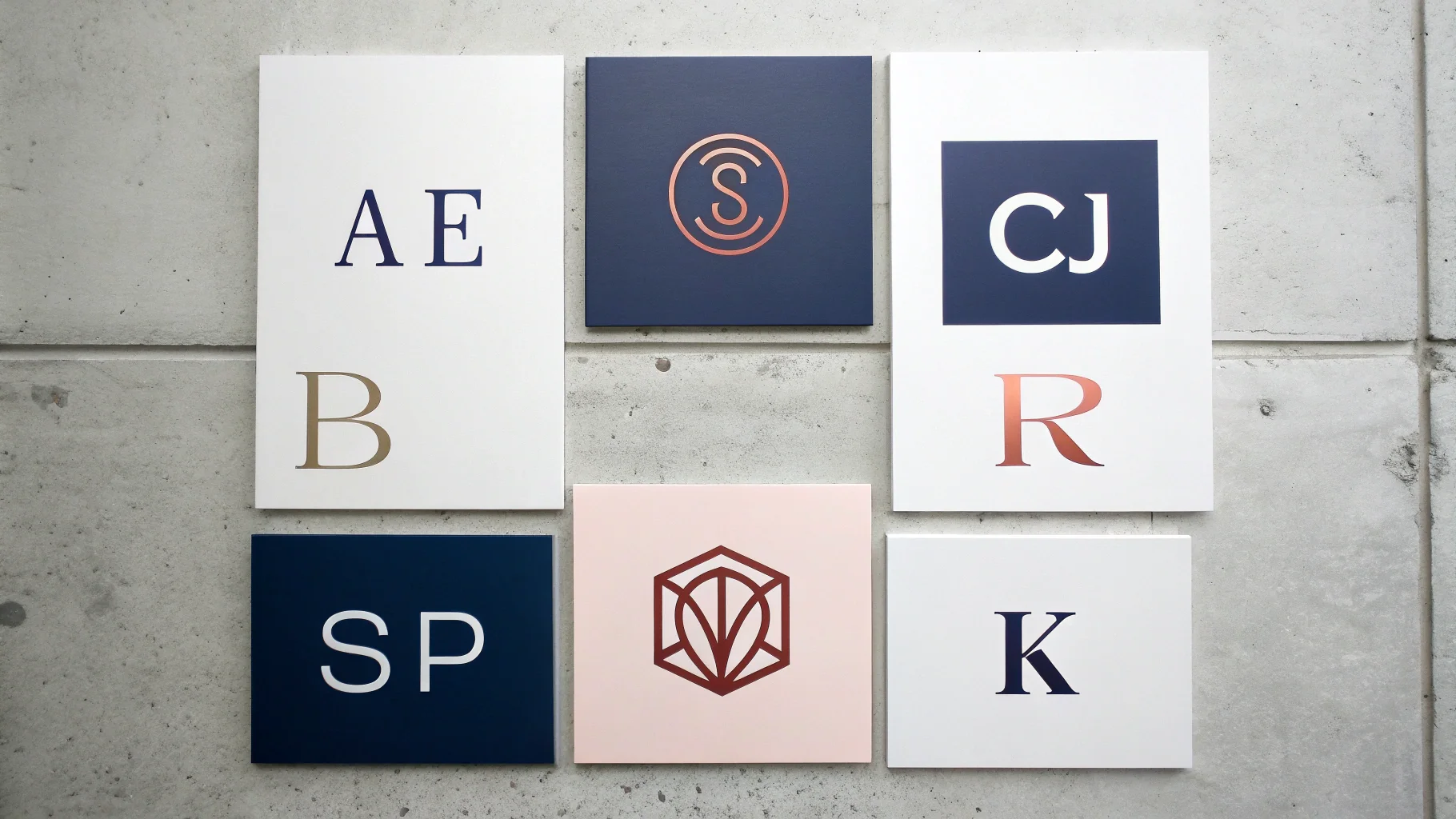 A clean grid displaying six different examples of professional lettermark and monogram logos, each with a unique style and color, on a white background.