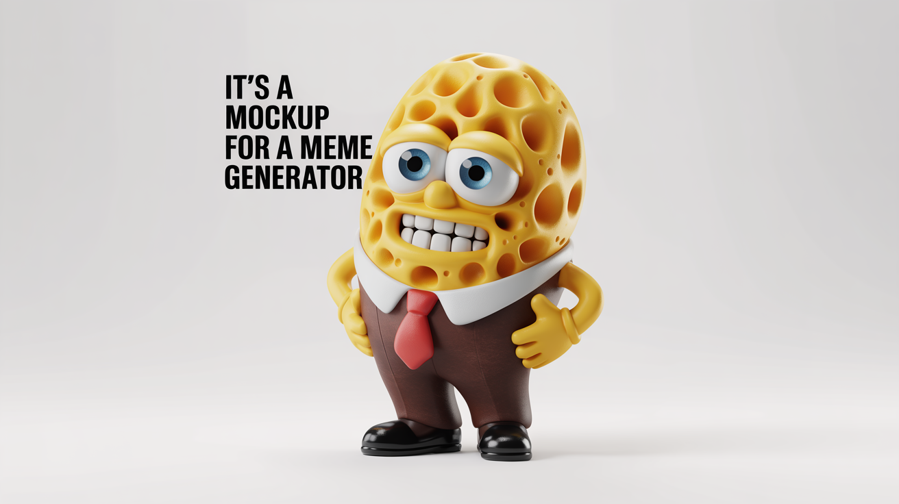 A 3D mockup of the 'Mocking SpongeBob' meme, featuring the yellow sponge character in his classic mocking pose against a white background, with the text 'iT's A mOcKuP fOr A mEMe GeNeRaToR' above him.