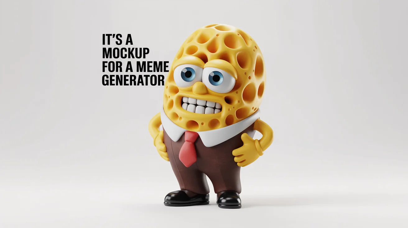 A 3D mockup of the 'Mocking SpongeBob' meme, featuring the yellow sponge character in his classic mocking pose against a white background, with the text 'iT's A mOcKuP fOr A mEMe GeNeRaToR' above him.