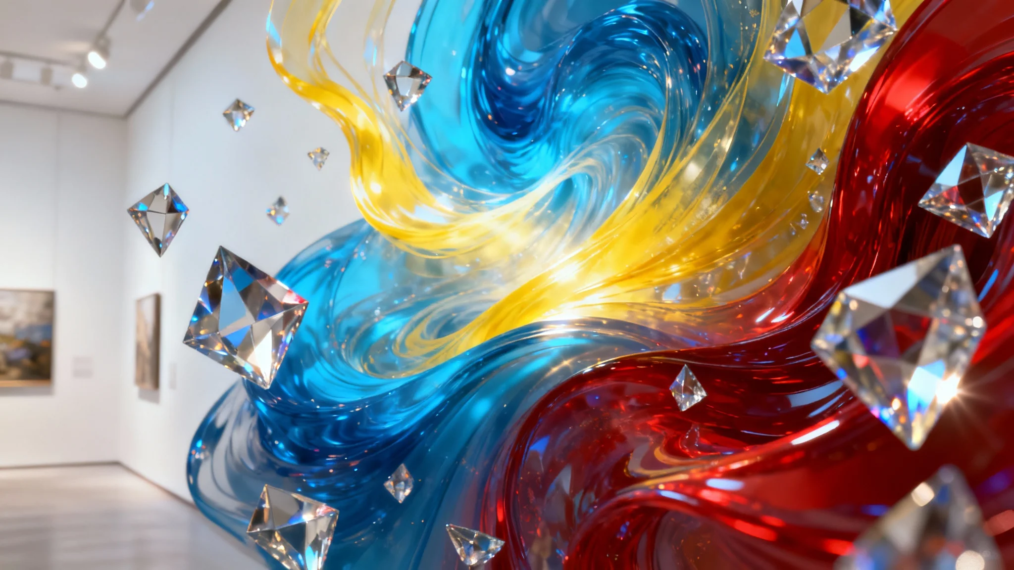 A polished abstract artwork showing a vibrant swirl of blue, yellow, and red colors, enhanced with sharp geometric shapes and a 3D effect, displayed against a clean background.