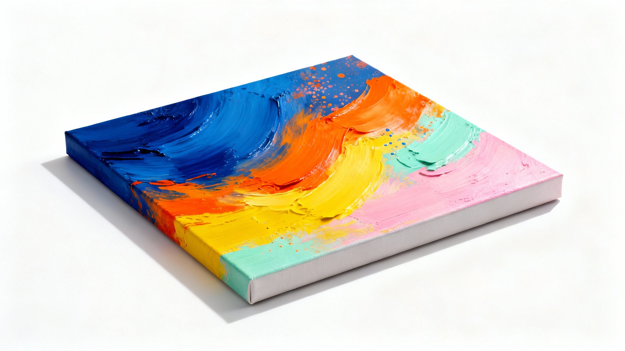 A mockup of a contemporary abstract painting with vibrant blue, orange, and yellow brushstrokes, displayed against a clean white background.