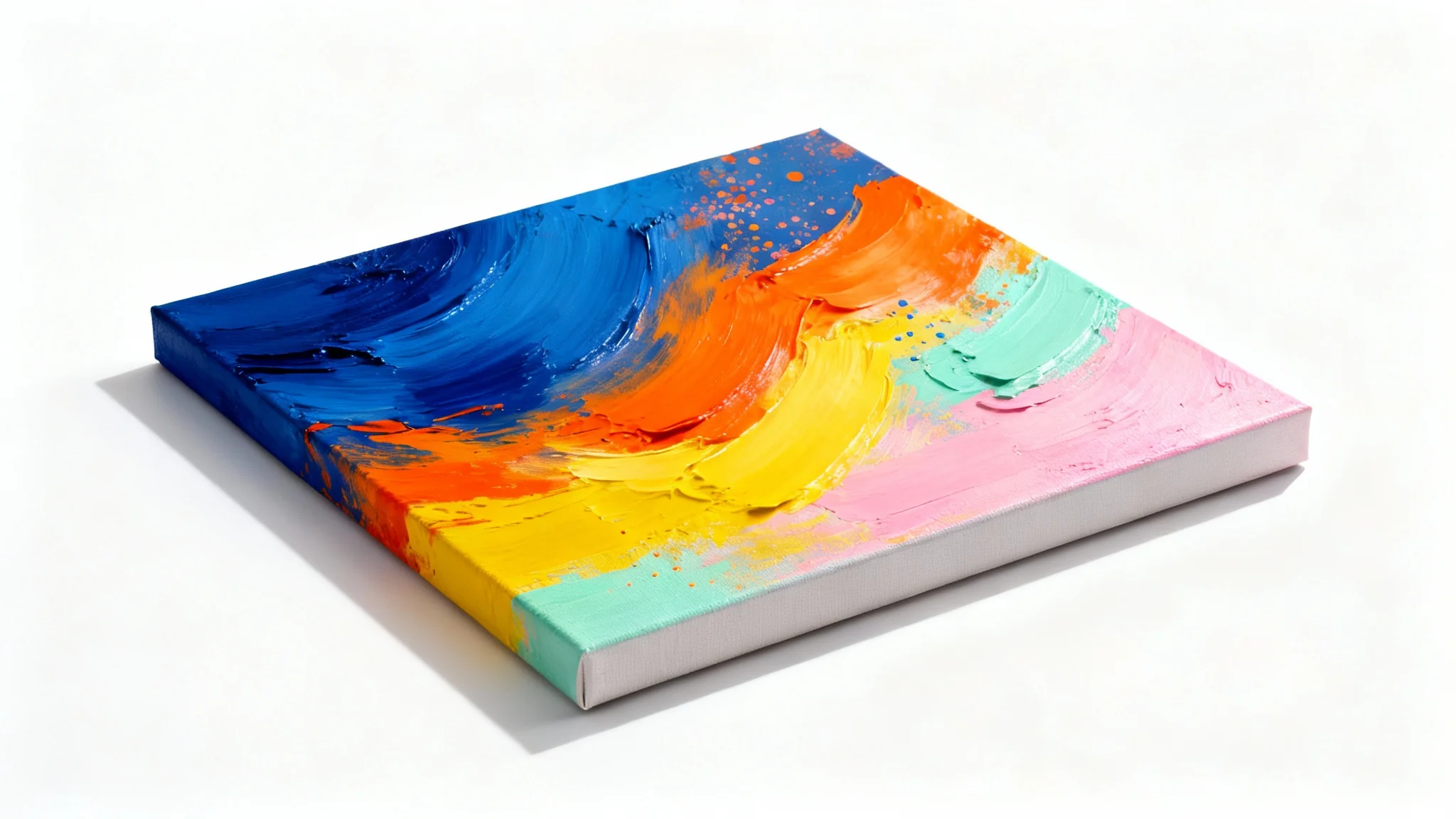 A mockup of a contemporary abstract painting with vibrant blue, orange, and yellow brushstrokes, displayed against a clean white background.