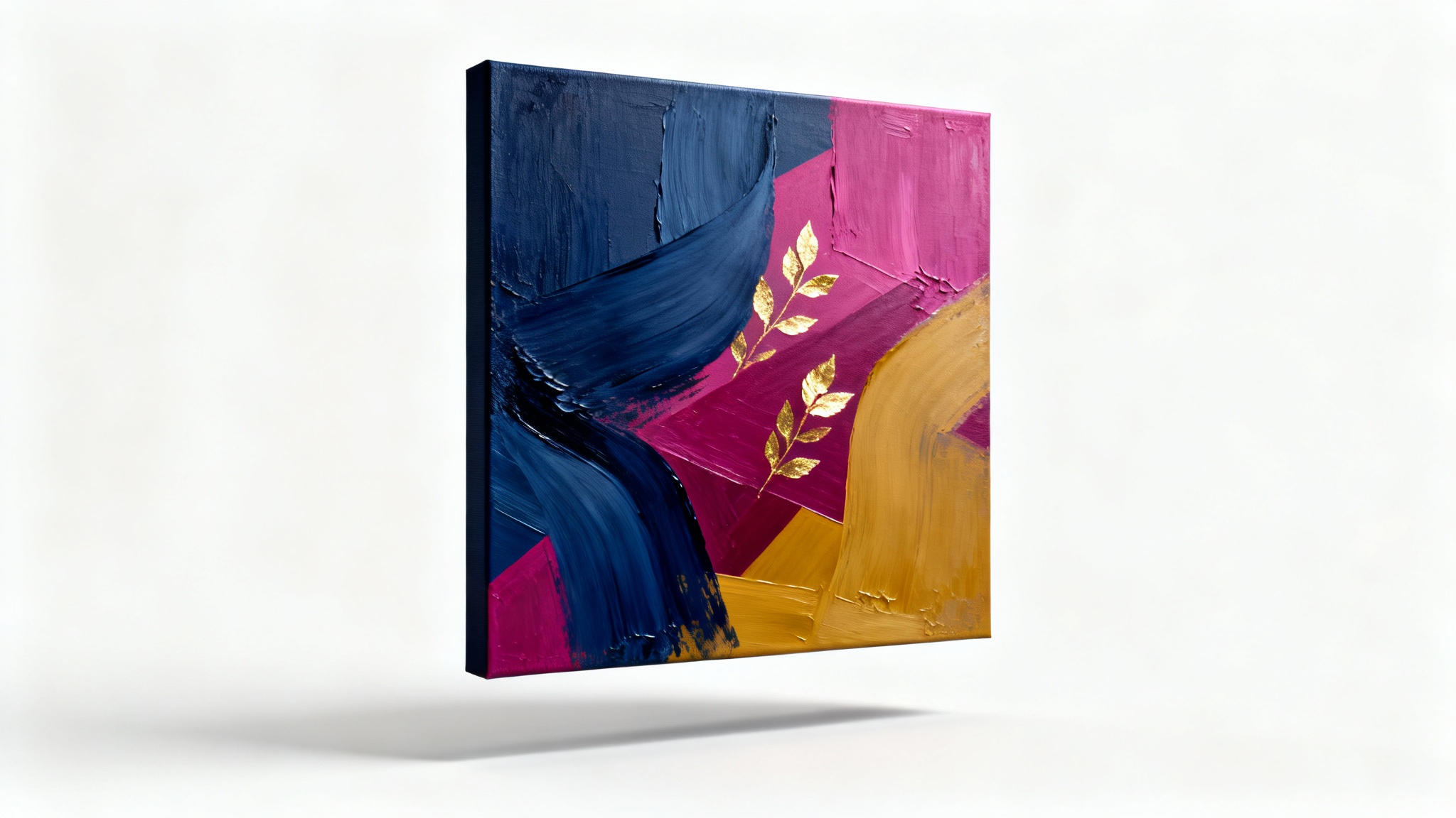 A modern abstract art piece on a canvas, featuring bold brushstrokes in navy, magenta, and ochre with gold accents, set against a plain white background.