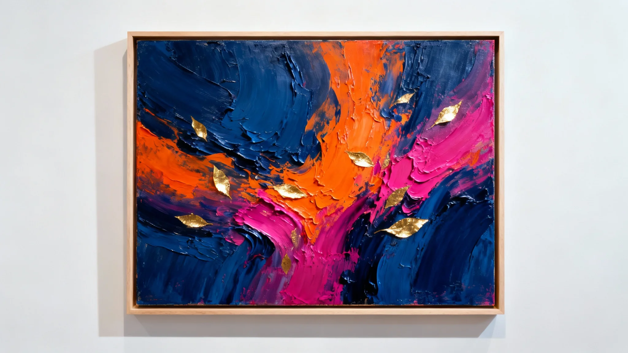 A modern abstract painting featuring a dynamic blend of blue, orange, and magenta with gold accents, elegantly framed in light wood against a clean white background.