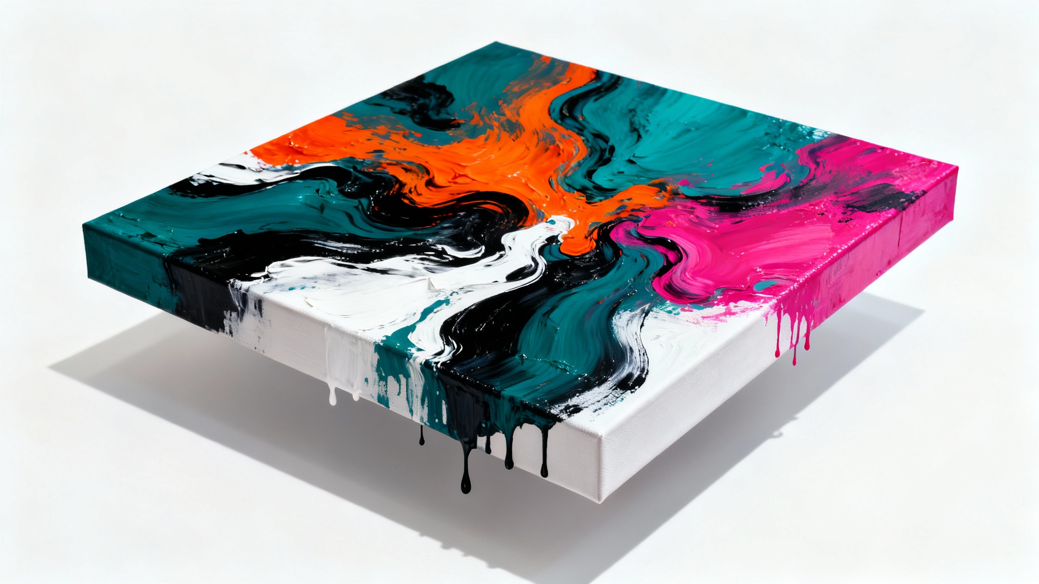A modern abstract painting on a square canvas, showcasing a vibrant mix of teal, orange, and magenta, set against a plain white background in a gallery-style display.