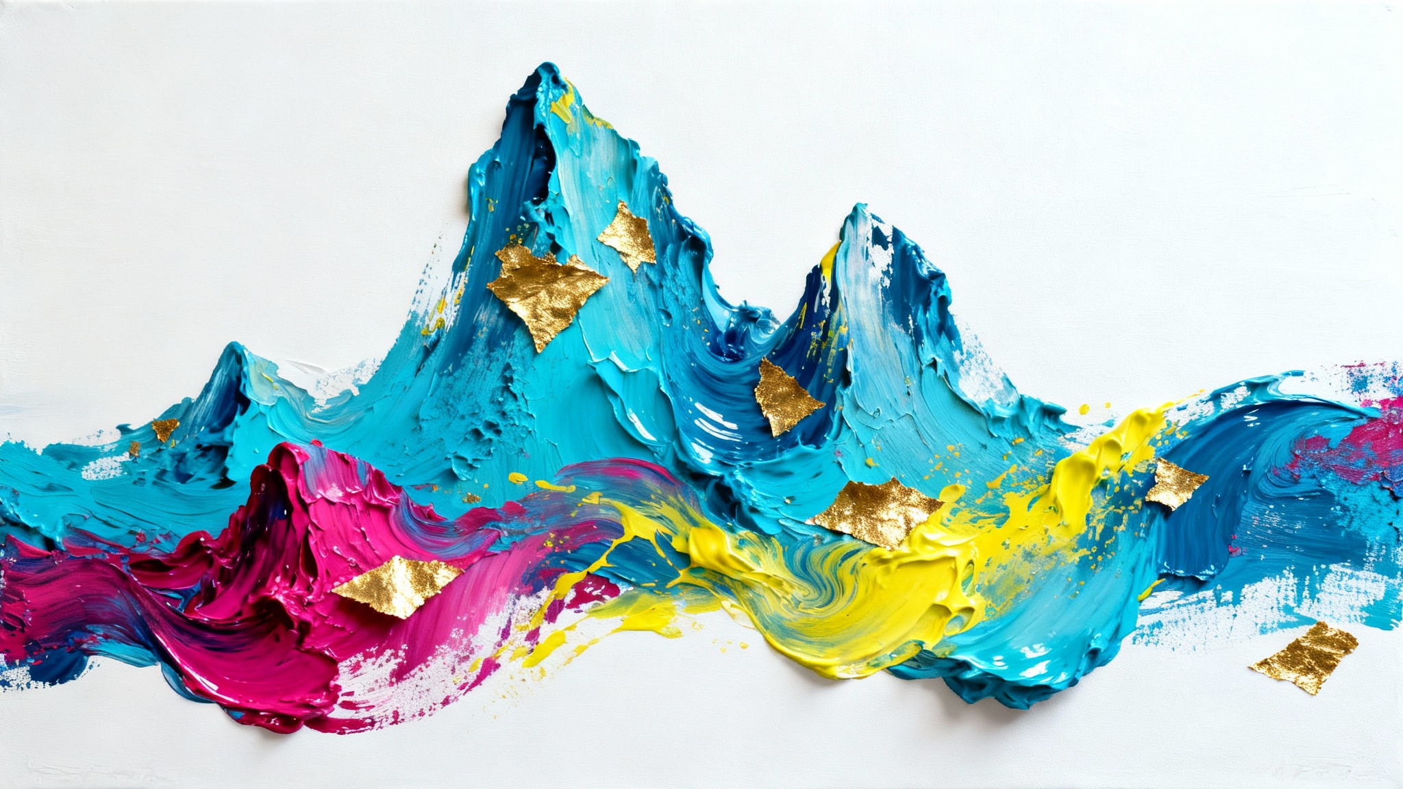 A close-up of a dynamic and colorful abstract painting with thick blue, magenta, and yellow brushstrokes, showcased against a plain white background.