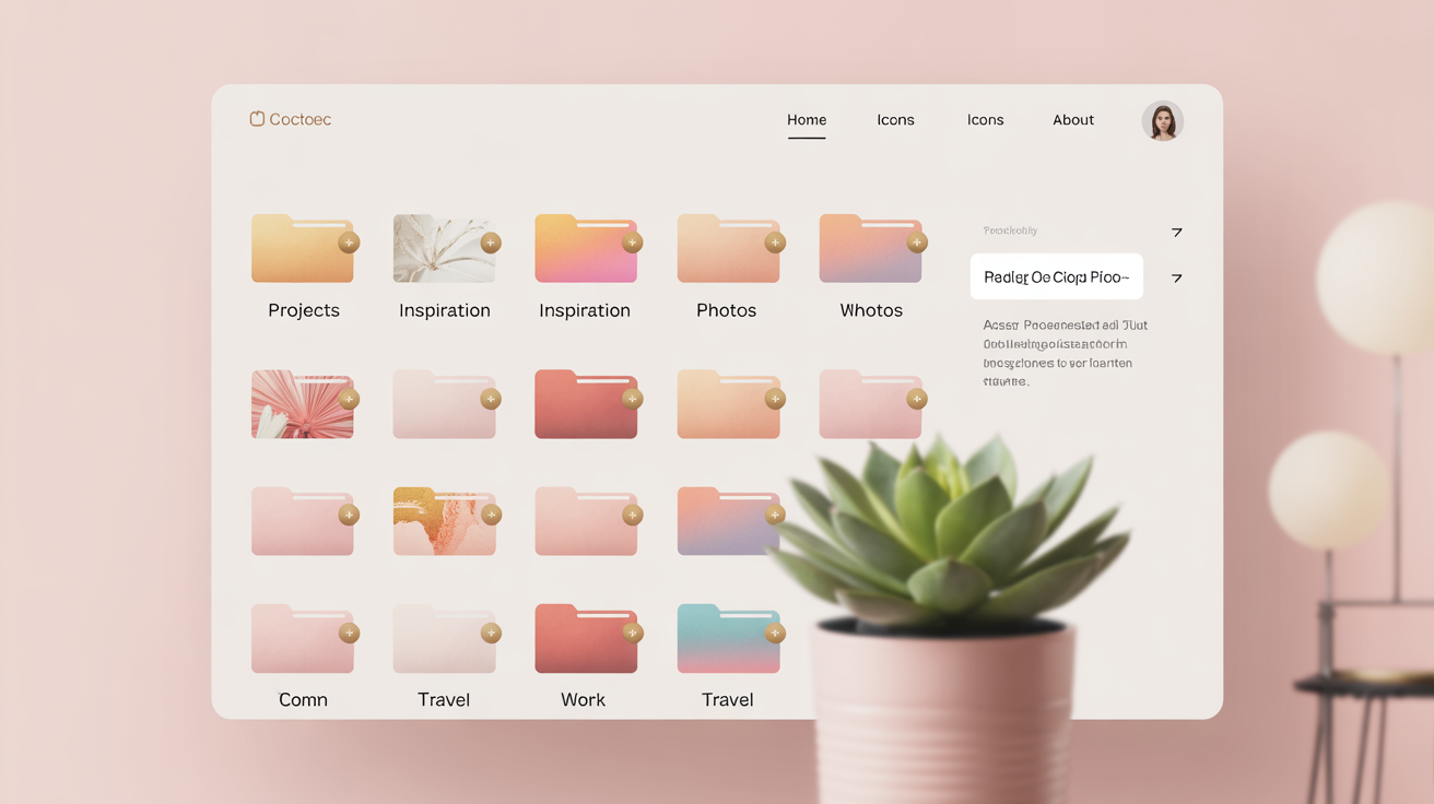 A beautifully organized computer desktop with a set of custom aesthetic folder icons in peach, coral, and gold, against a soft pink background.