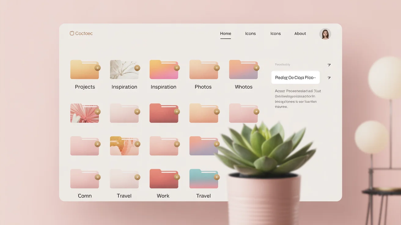 A beautifully organized computer desktop with a set of custom aesthetic folder icons in peach, coral, and gold, against a soft pink background.
