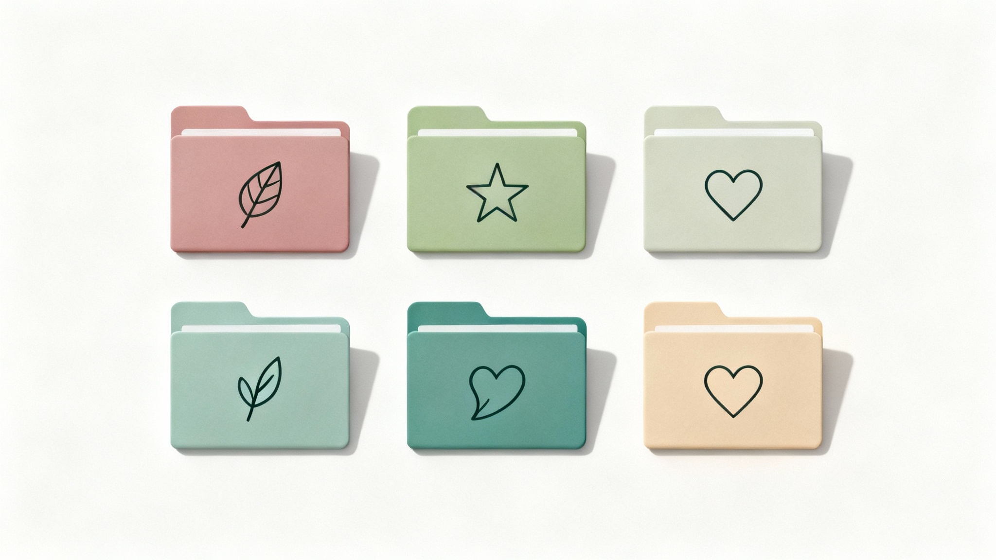A collection of aesthetic folder icons in a pastel color palette of pink, green, and beige, arranged neatly on a clean white background.