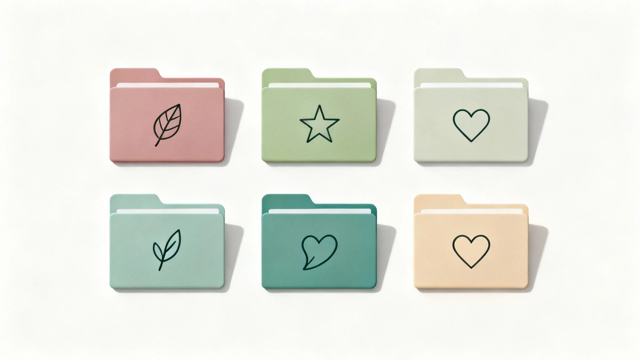 A collection of aesthetic folder icons in a pastel color palette of pink, green, and beige, arranged neatly on a clean white background.
