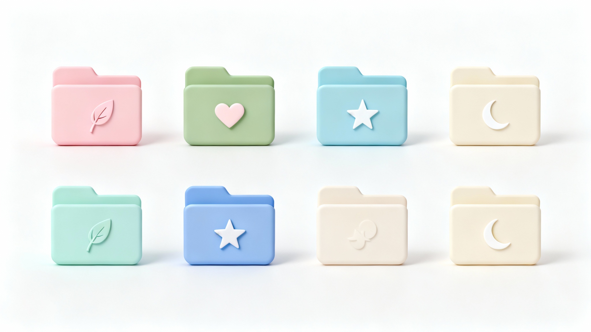 A collection of beautifully designed folder icons in a soft pastel color palette, neatly arranged in a grid on a white background, each featuring a simple, minimalist symbol.