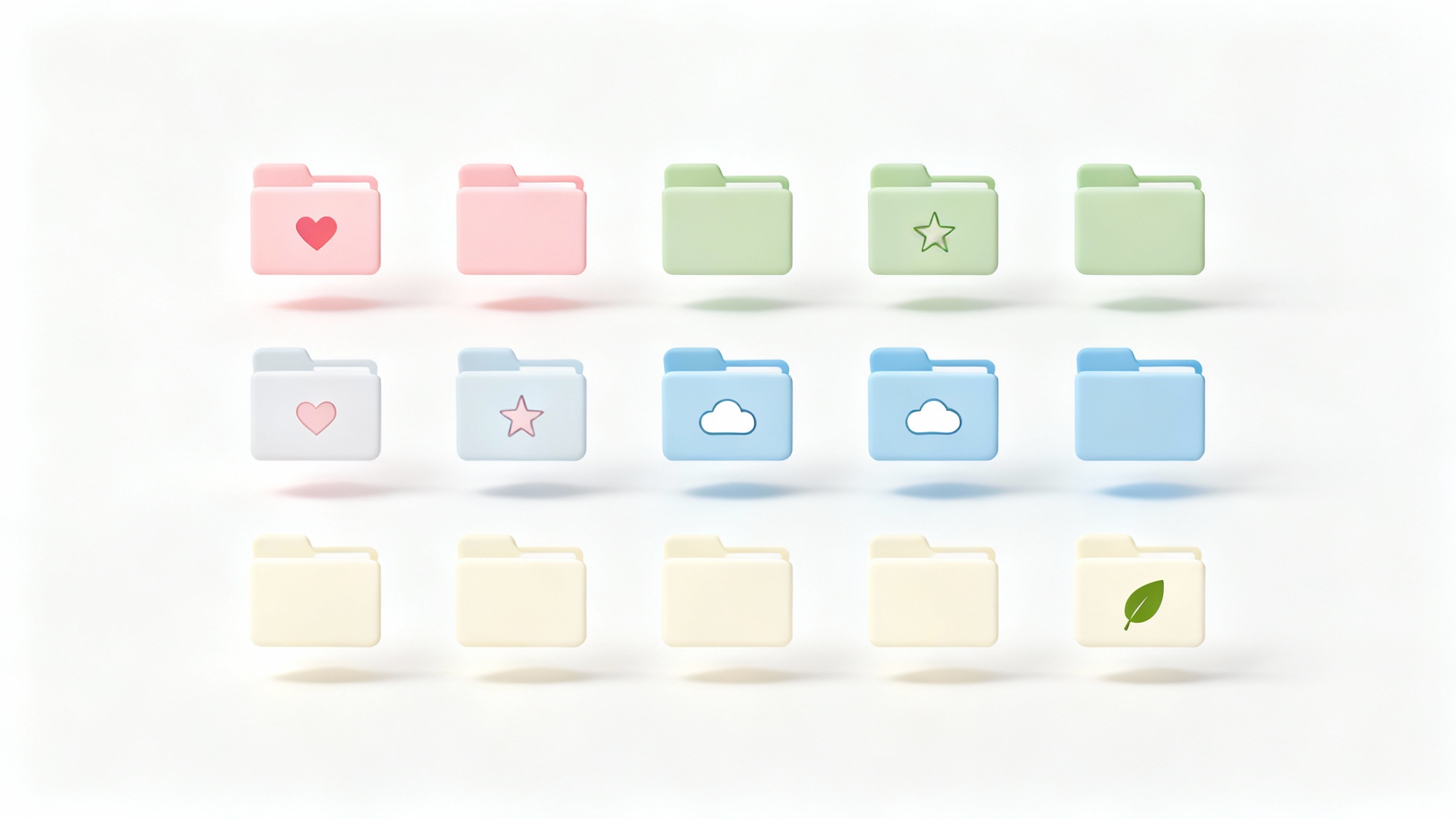 A collection of aesthetic folder icons in a soft pastel color palette, arranged in a neat grid on a white background, showcasing various cute and minimalist designs.