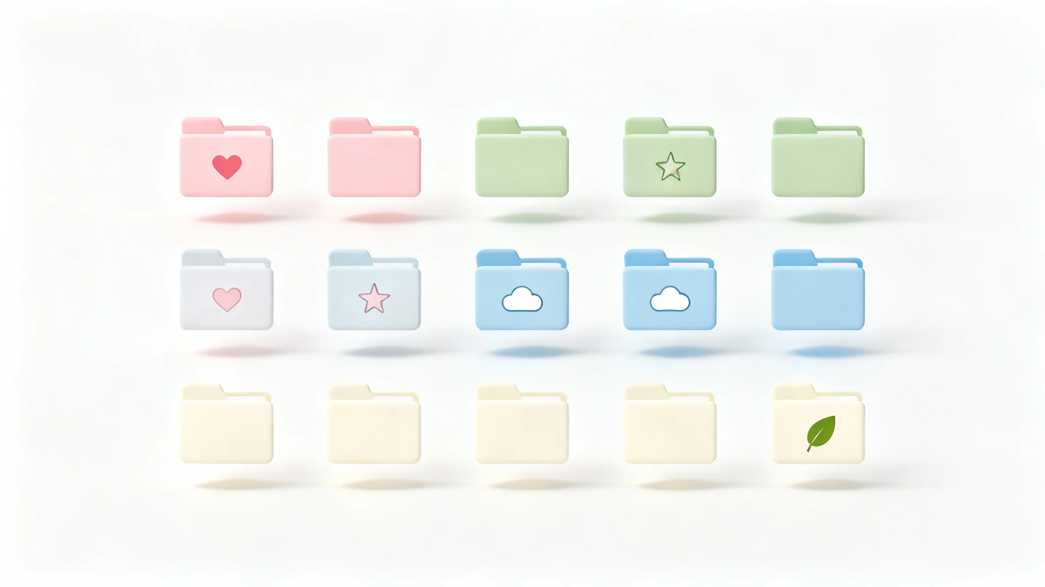 A collection of aesthetic folder icons in a soft pastel color palette, arranged in a neat grid on a white background, showcasing various cute and minimalist designs.